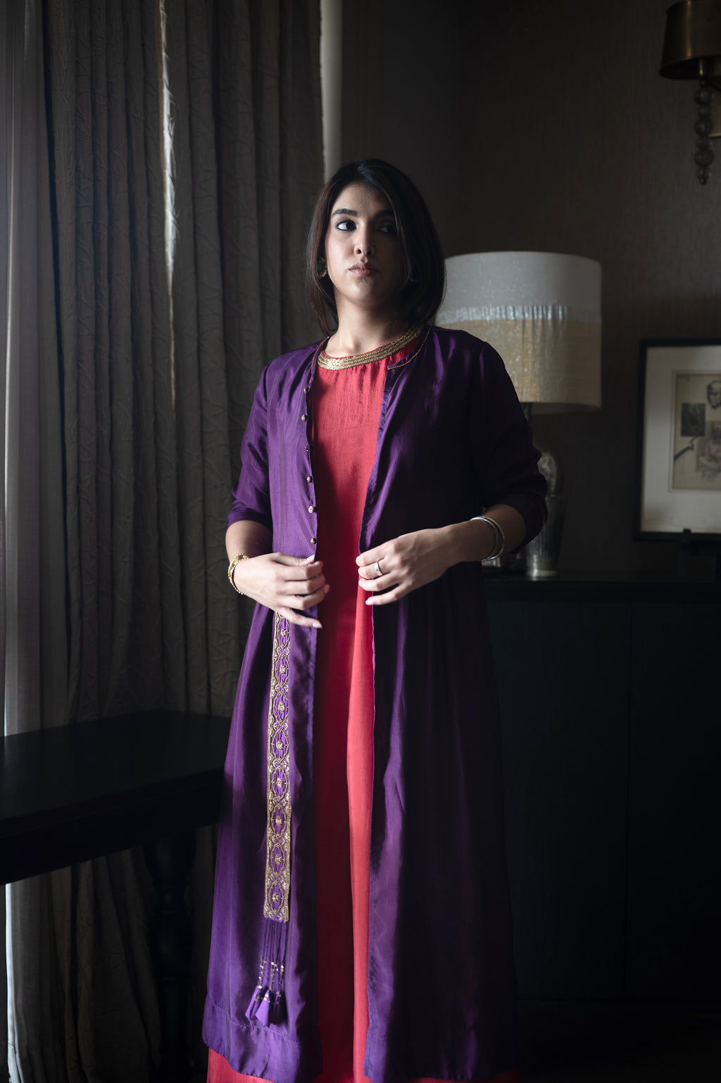 Cleo Sleeveless Maxi dress in Red Silk with Anil Jacket in Purple Silk