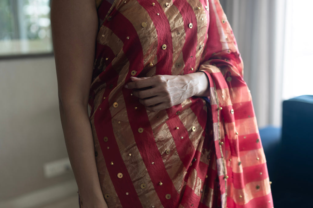 Nandini Ghunghroo Saree in Mixmatch Color Chanderi Stripe Tissue