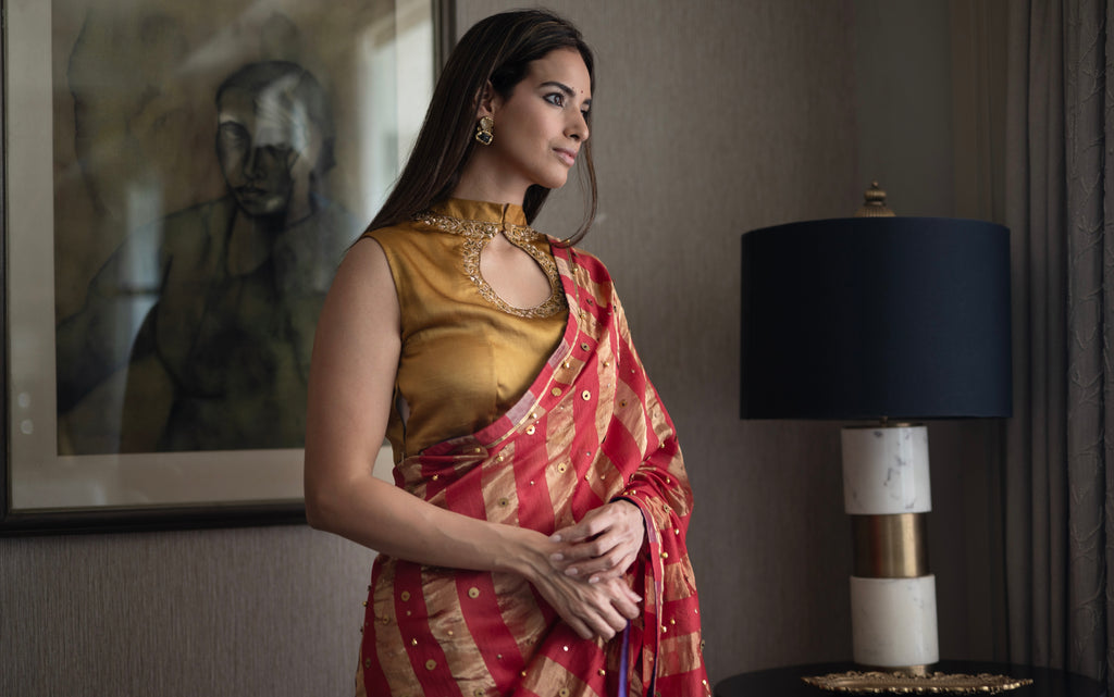 Nandini Ghunghroo Saree in Mixmatch Color Chanderi Stripe Tissue