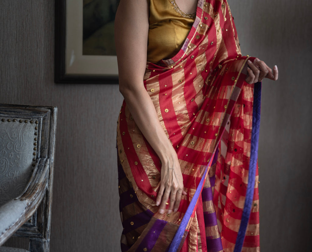 Nandini Ghunghroo Saree in Mixmatch Color Chanderi Stripe Tissue