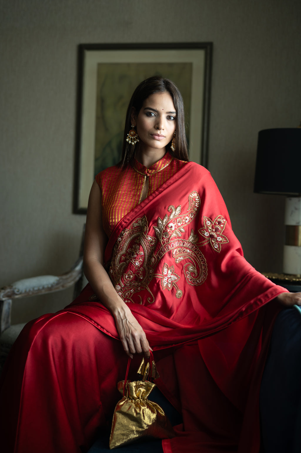 Big Kolka Embroidered Saree in Red