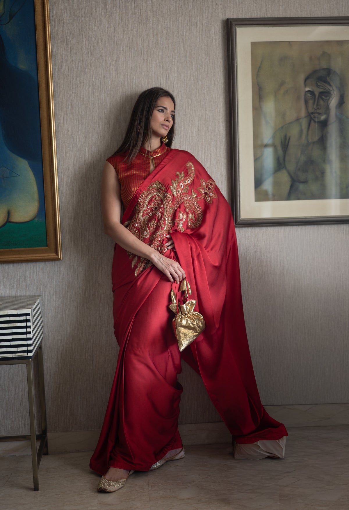 Big Kolka Embroidered Saree in Red