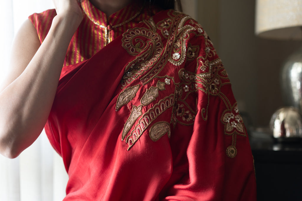 Big Kolka Embroidered Saree in Red