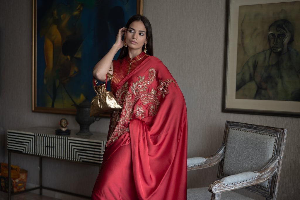 Big Kolka Embroidered Saree in Red