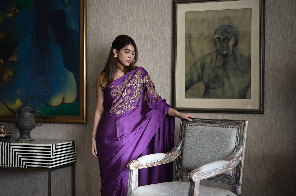 Big Kolka Embroidered Saree in Purple