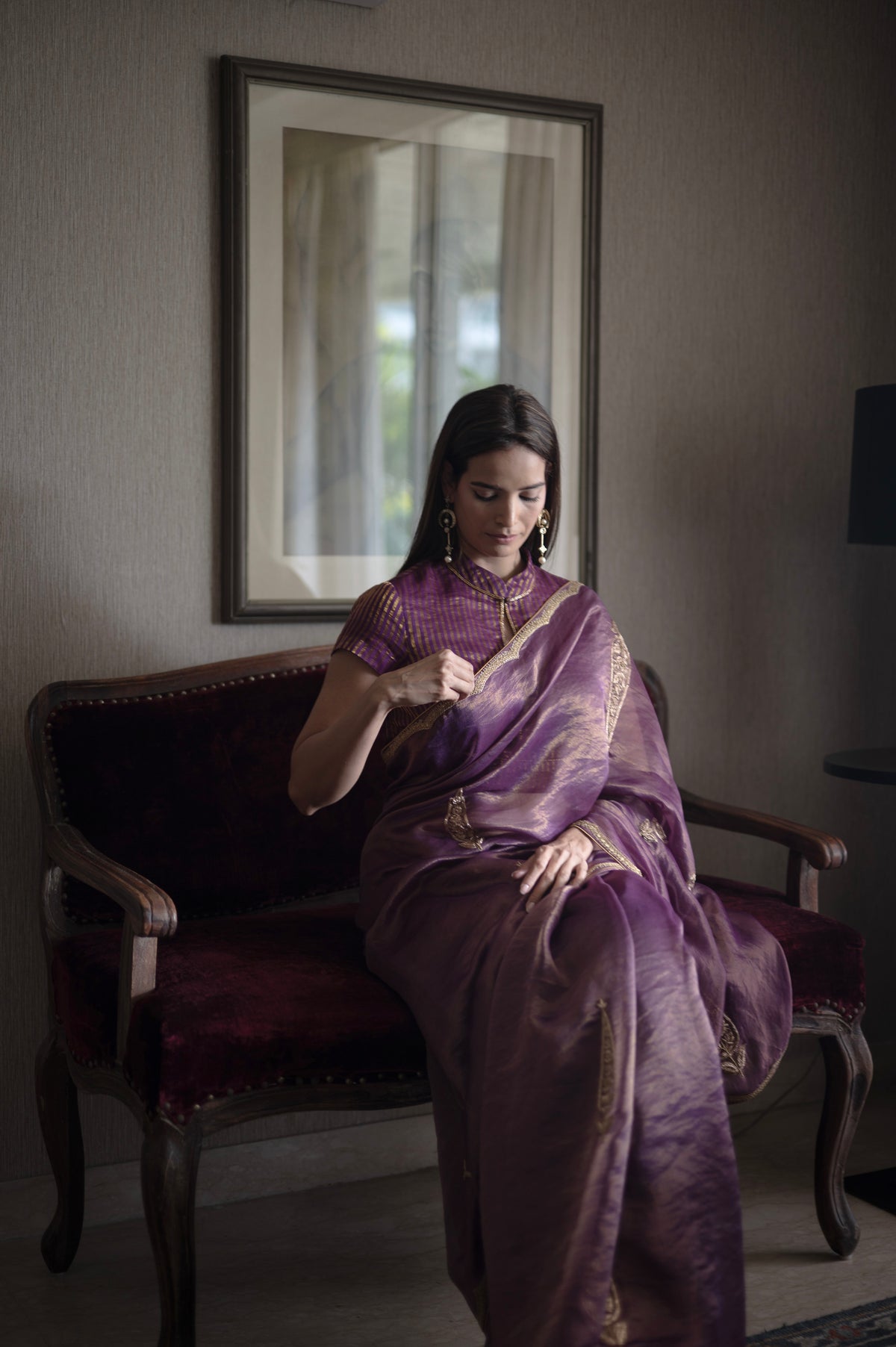 Turkish Ashoka Saree in Purple Pin Stripe