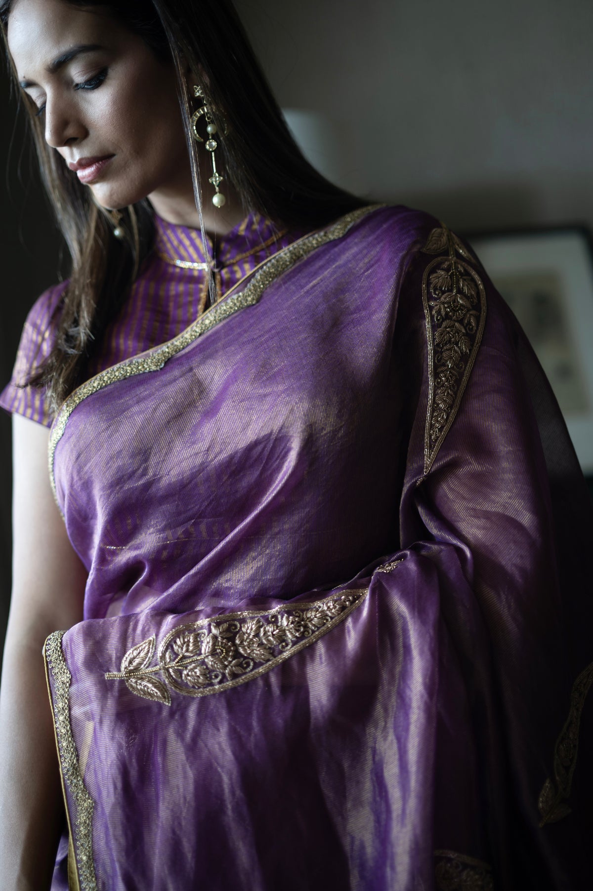 Turkish Ashoka Saree in Purple Pin Stripe