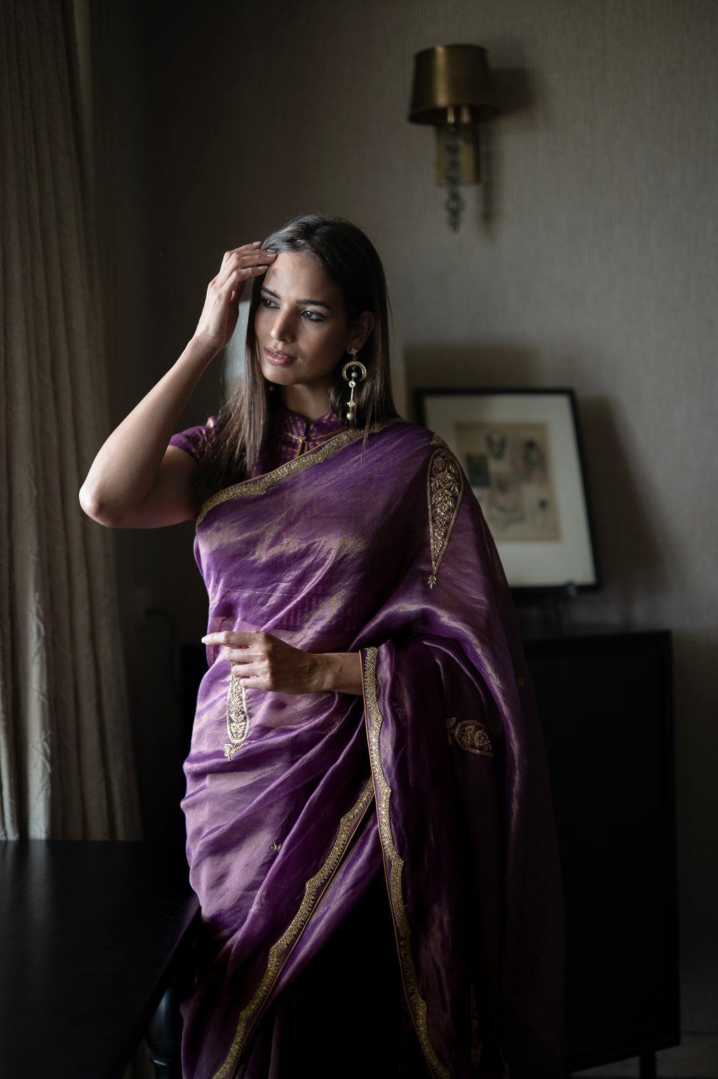 Turkish Ashoka Saree in Purple Pin Stripe