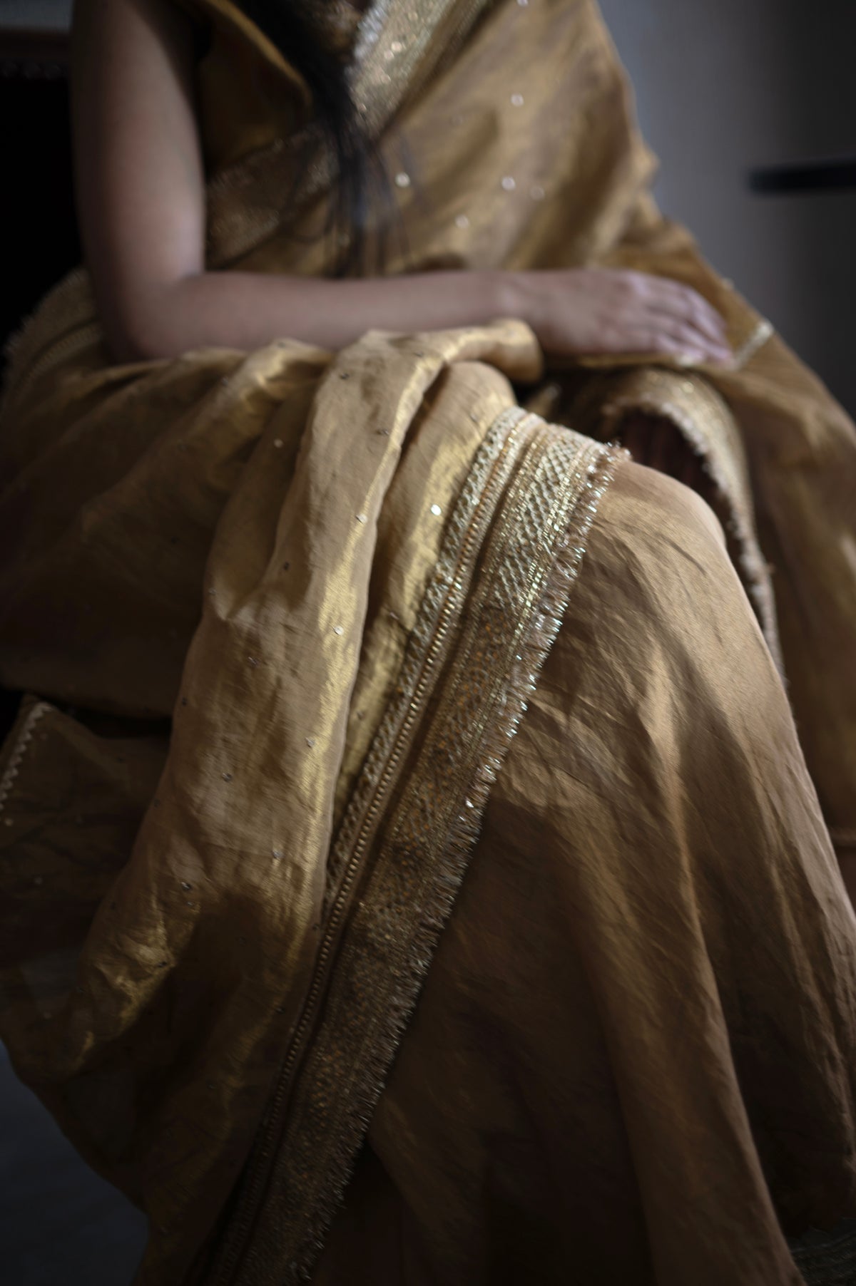 Ahana Diagonal Saree in Gold Crushed Tissue and Tissue