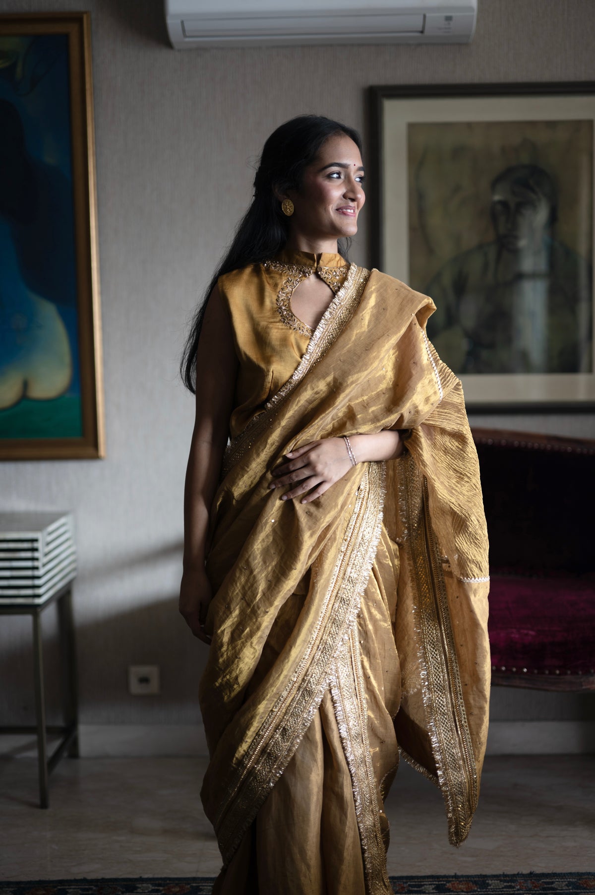 Ahana Diagonal Saree in Gold Crushed Tissue and Tissue