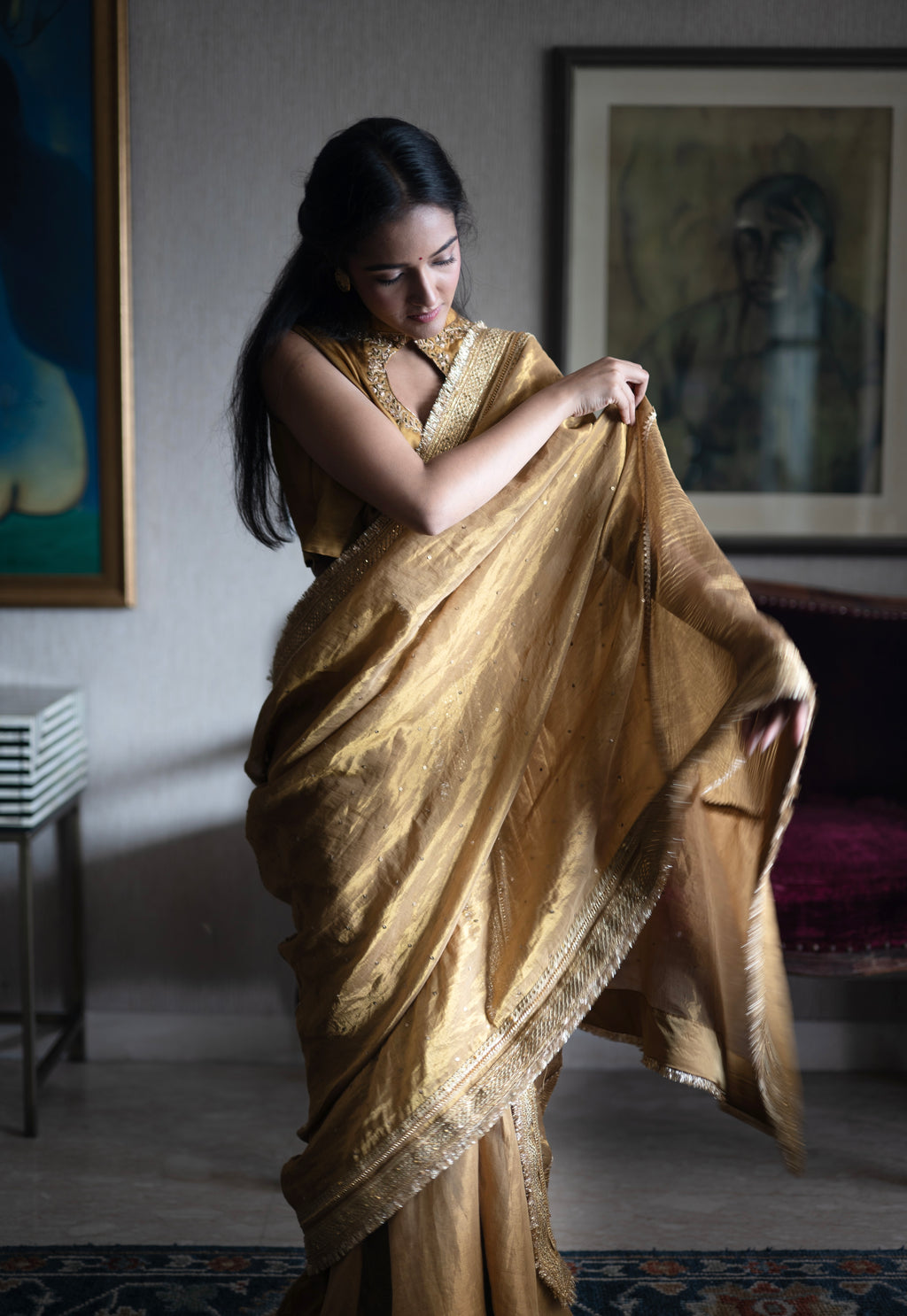 Ahana Diagonal Saree in Gold Crushed Tissue and Tissue