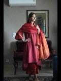 Taj Dupatta in Red Organza and Stripe Tissue