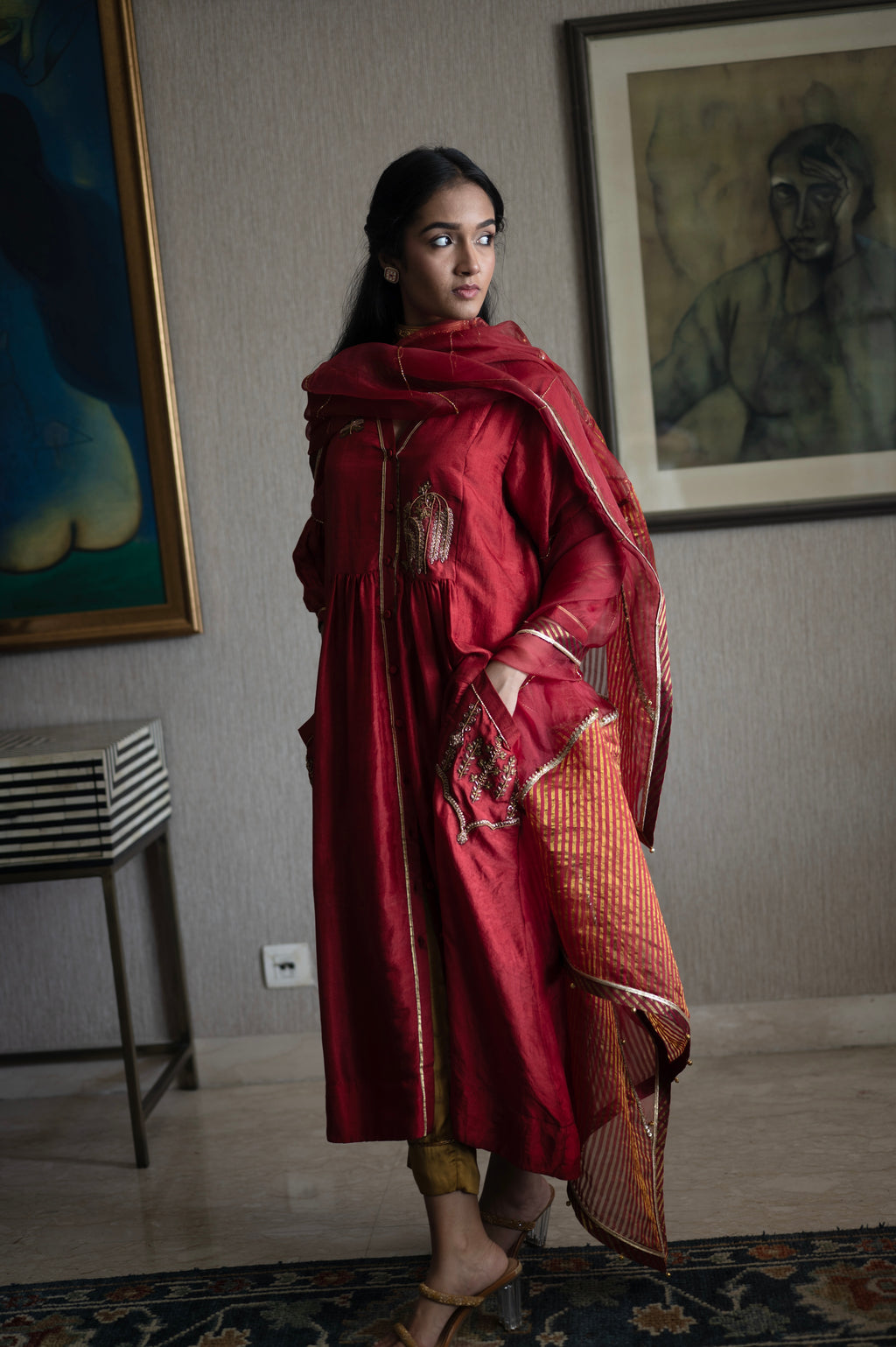 Taj Dupatta in Red Organza and Stripe Tissue