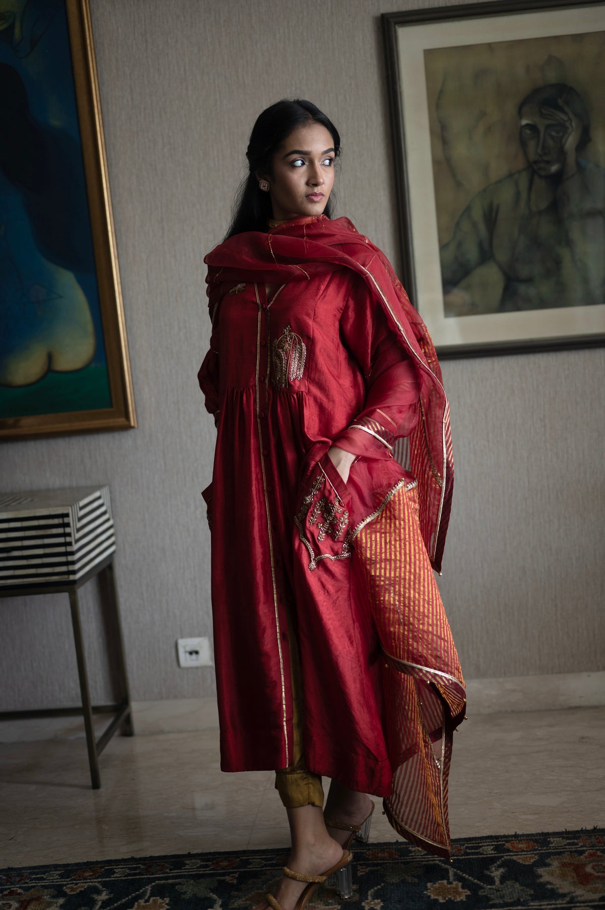 Taj Dupatta in Red Organza and Stripe Tissue