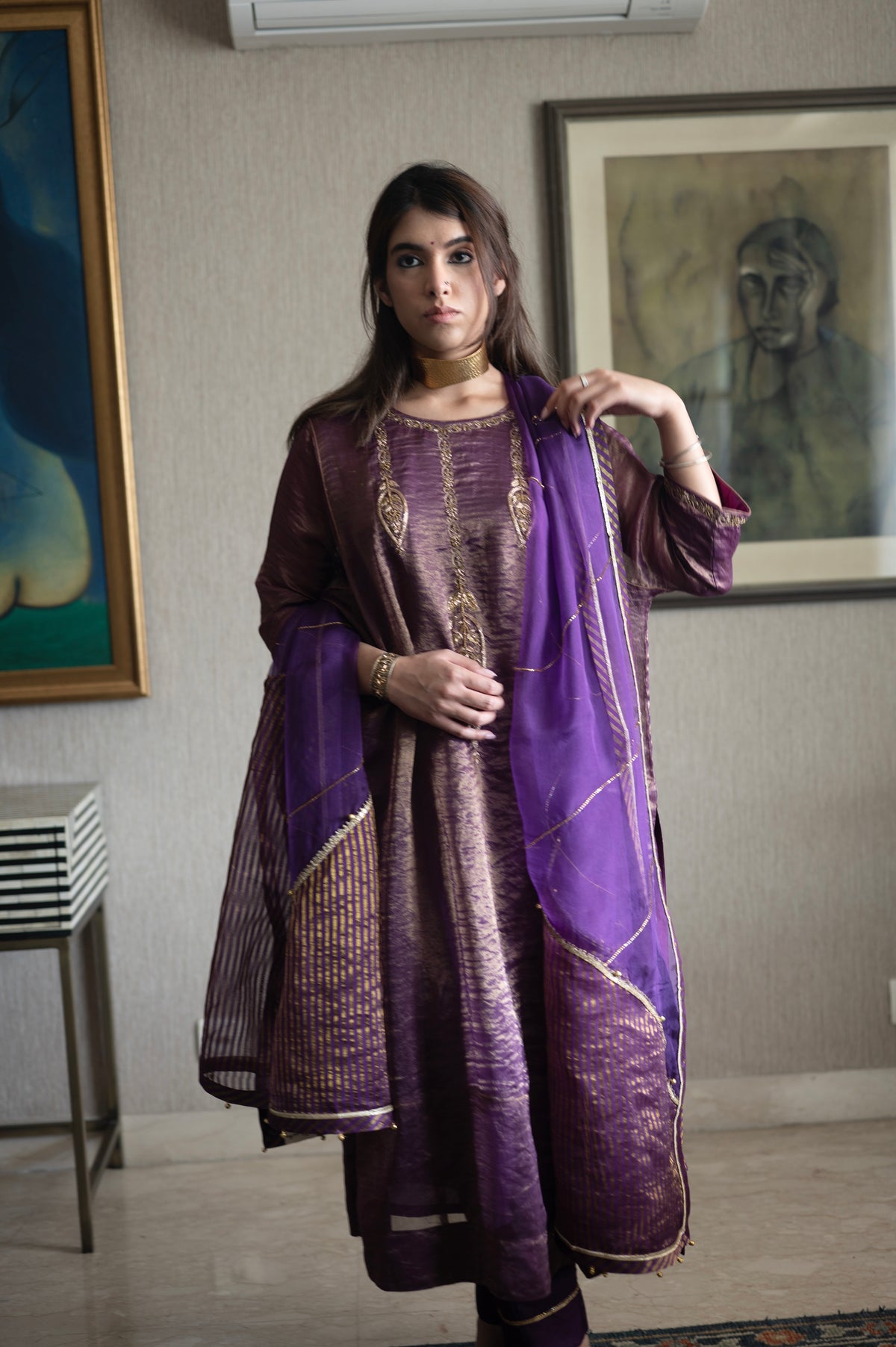 Taj Dupatta in Purple Organza and Stripe Tissue
