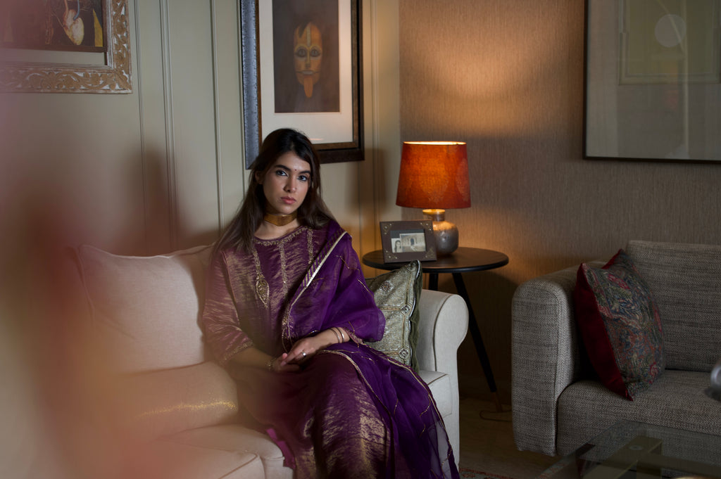 Taj Dupatta in Purple Organza and Stripe Tissue
