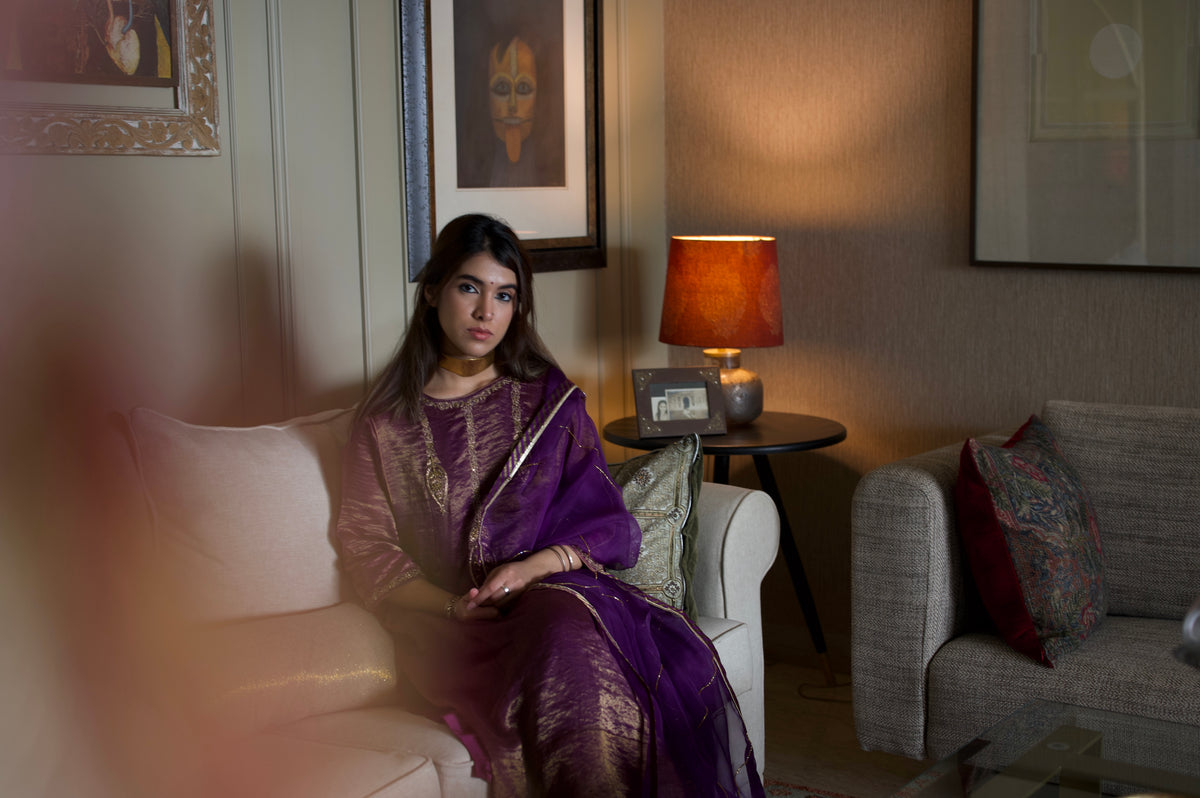 Taj Dupatta in Purple Organza and Stripe Tissue