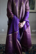 Taj Dupatta in Purple Organza and Stripe Tissue