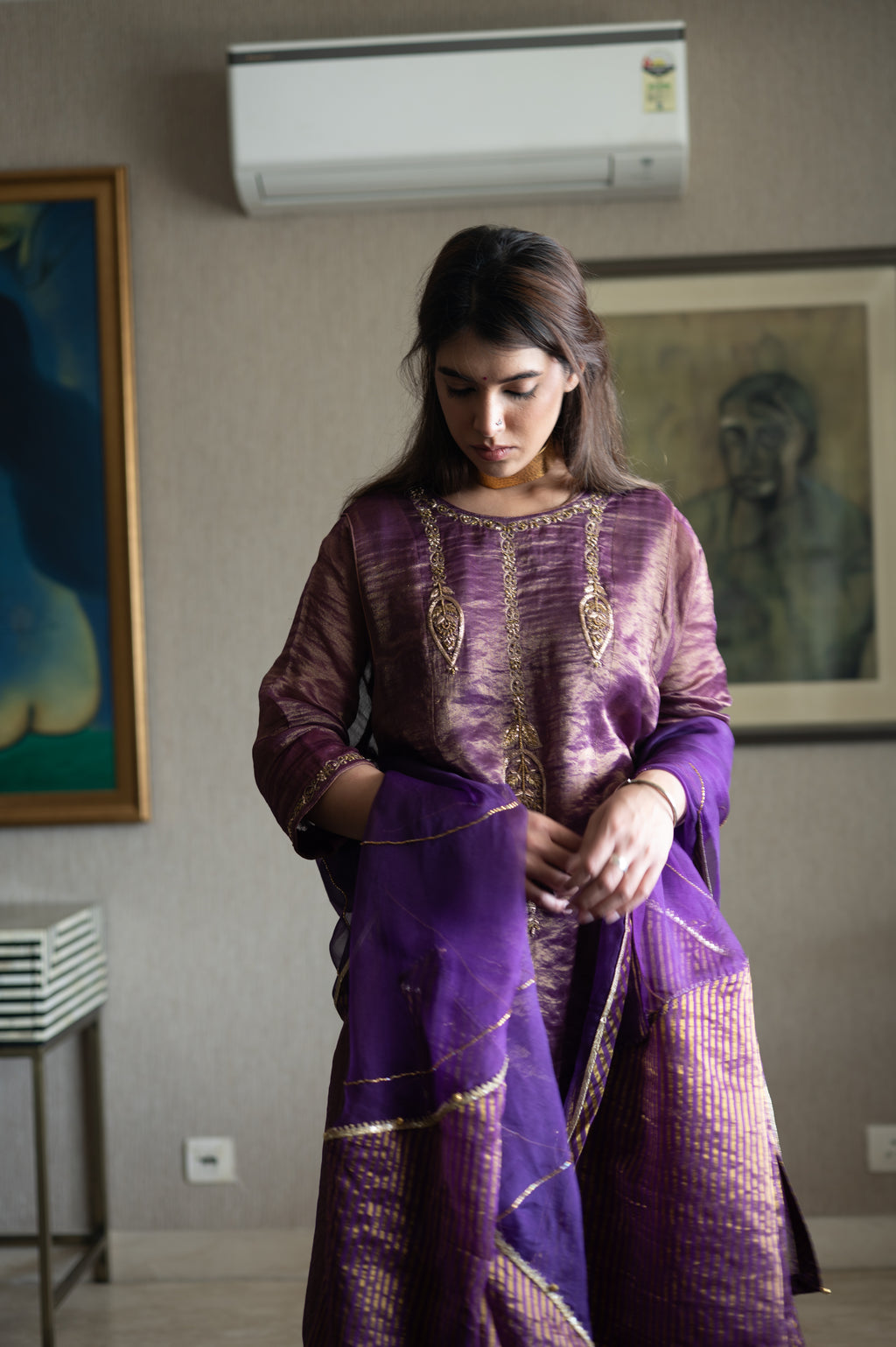 Taj Dupatta in Purple Organza and Stripe Tissue