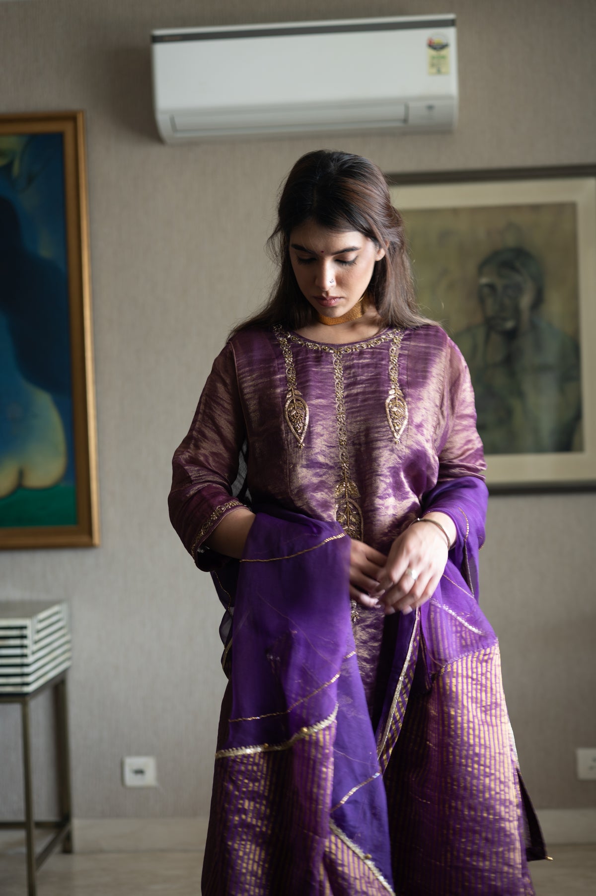 Taj Dupatta in Purple Organza and Stripe Tissue