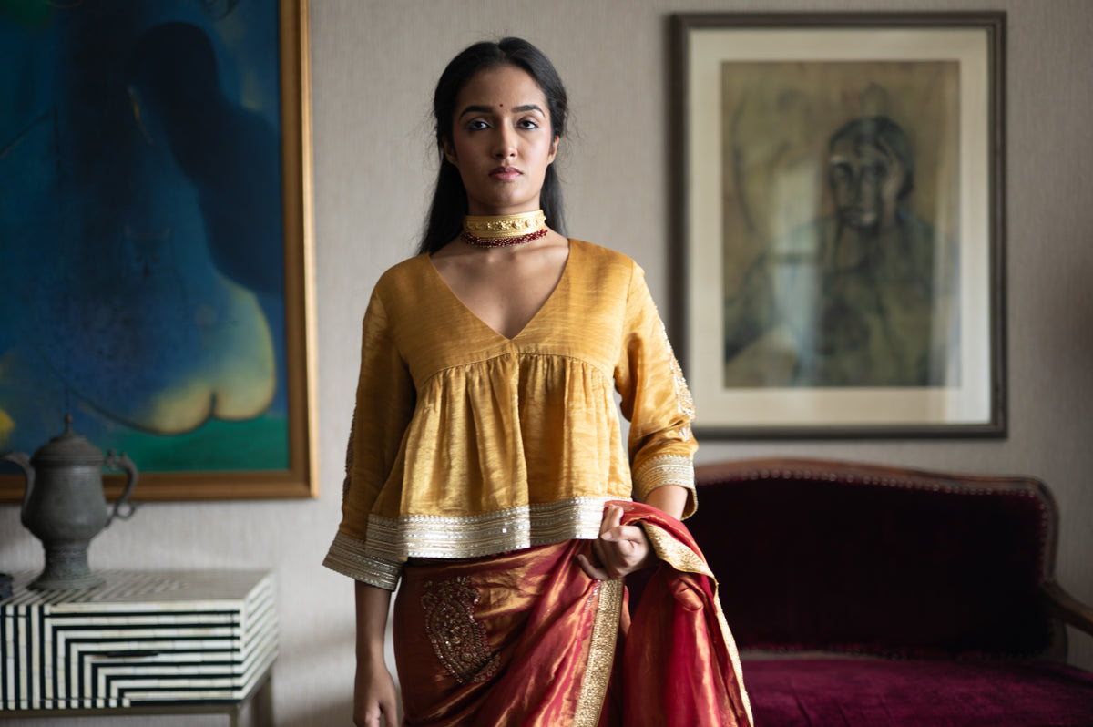 Dilnaz Choli Blouse in Gold Pin Stripe