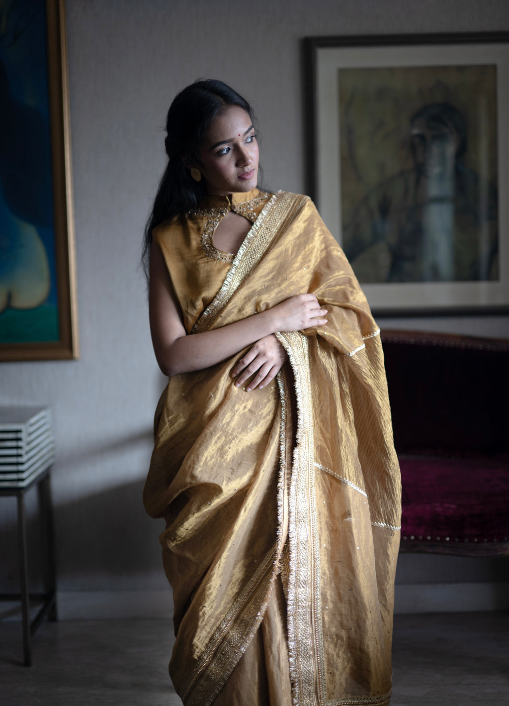 Jhanvi Sleeveless Blouse in Gold Silk Satin