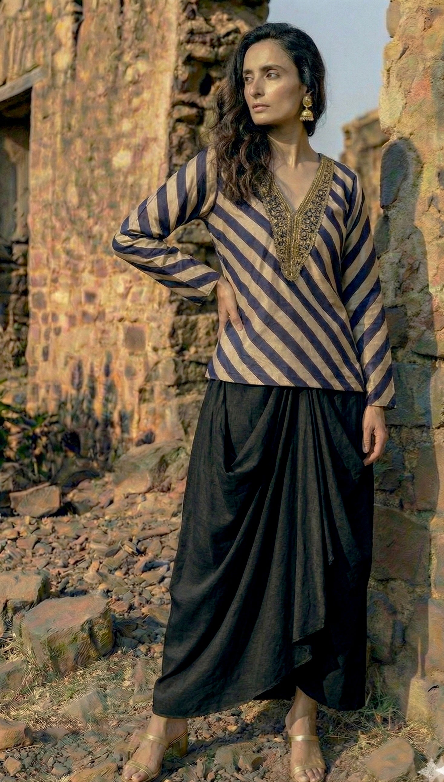 Stripe Shabana with black cowl skirt