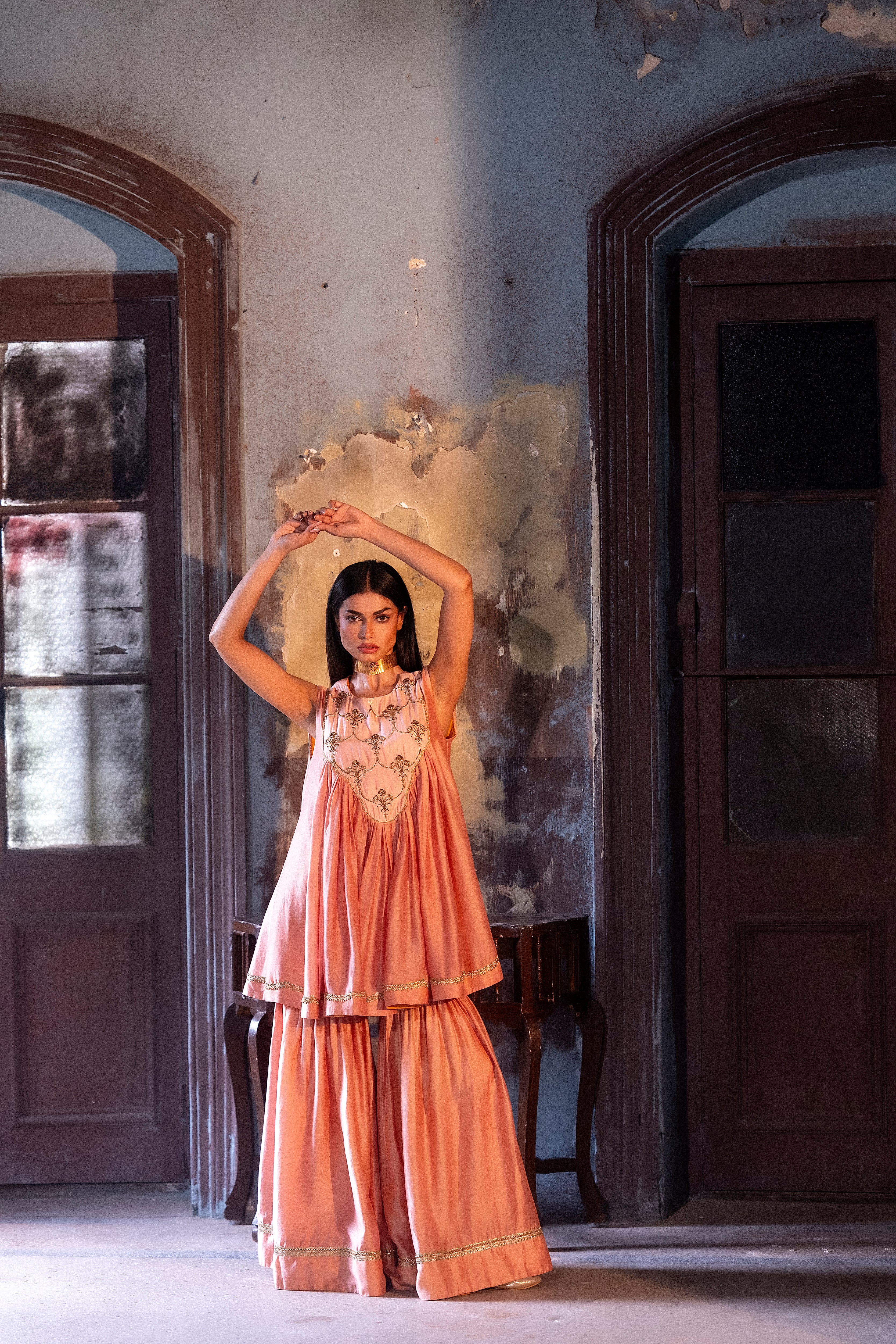 Short Vani in Dusty Pink chanderi with Dusty Pink Chanderi Sharara