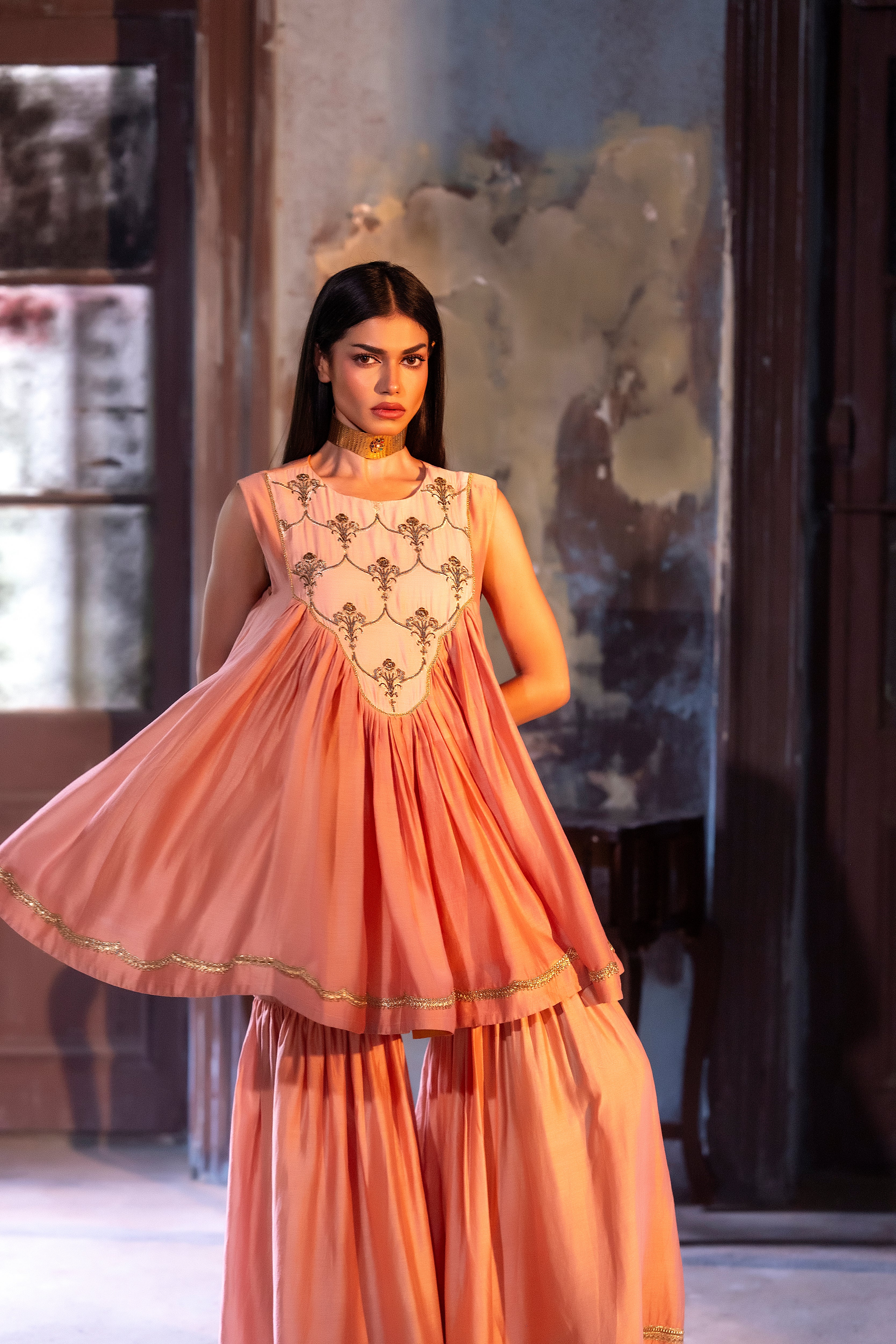 Short Vani in Dusty Pink chanderi with Dusty Pink Chanderi Sharara