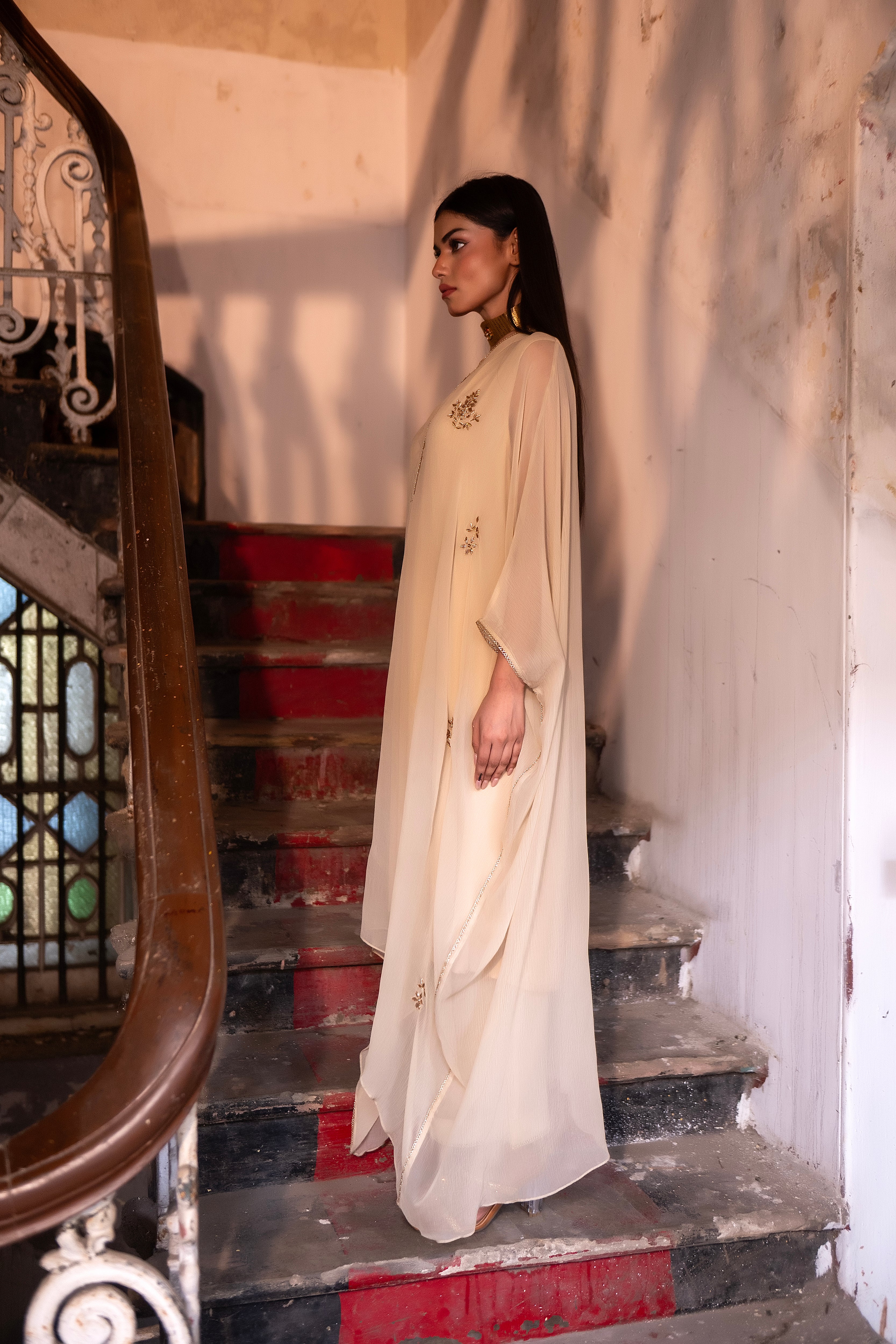 Chiffon Kaftan in Ivory with Ivory Pallazzo