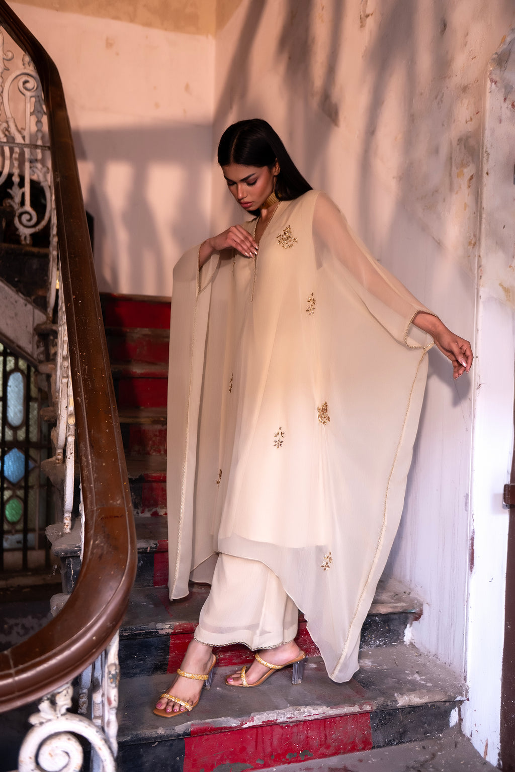 Chiffon Kaftan in Ivory with Ivory Pallazzo
