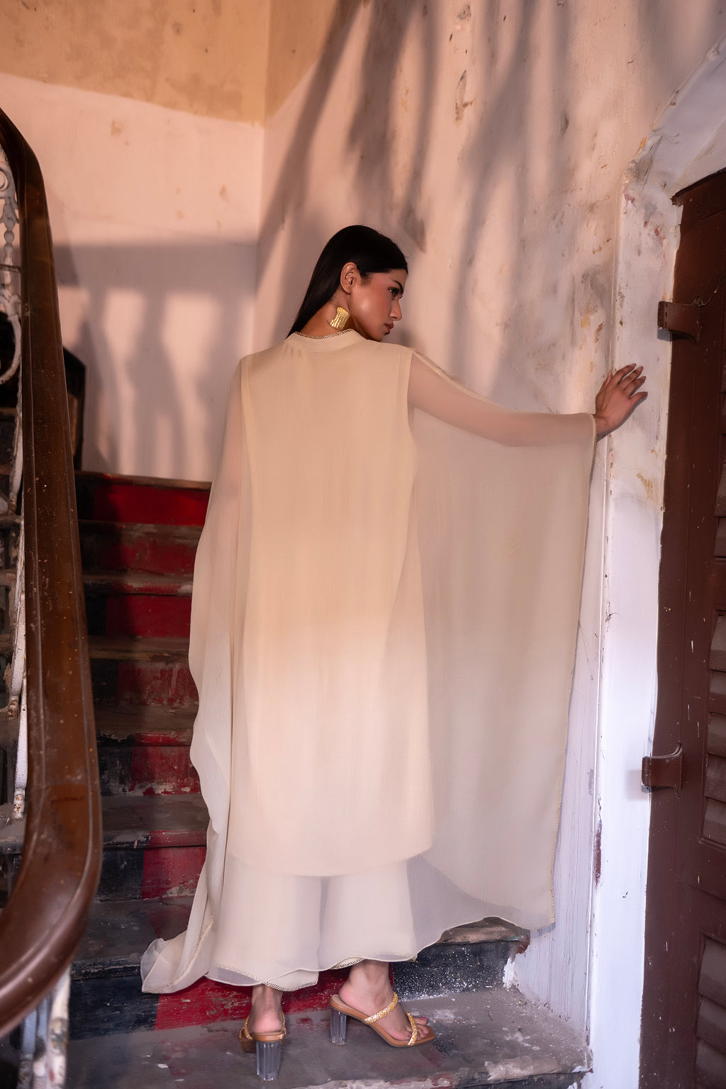 Chiffon Kaftan in Ivory with Ivory Pallazzo