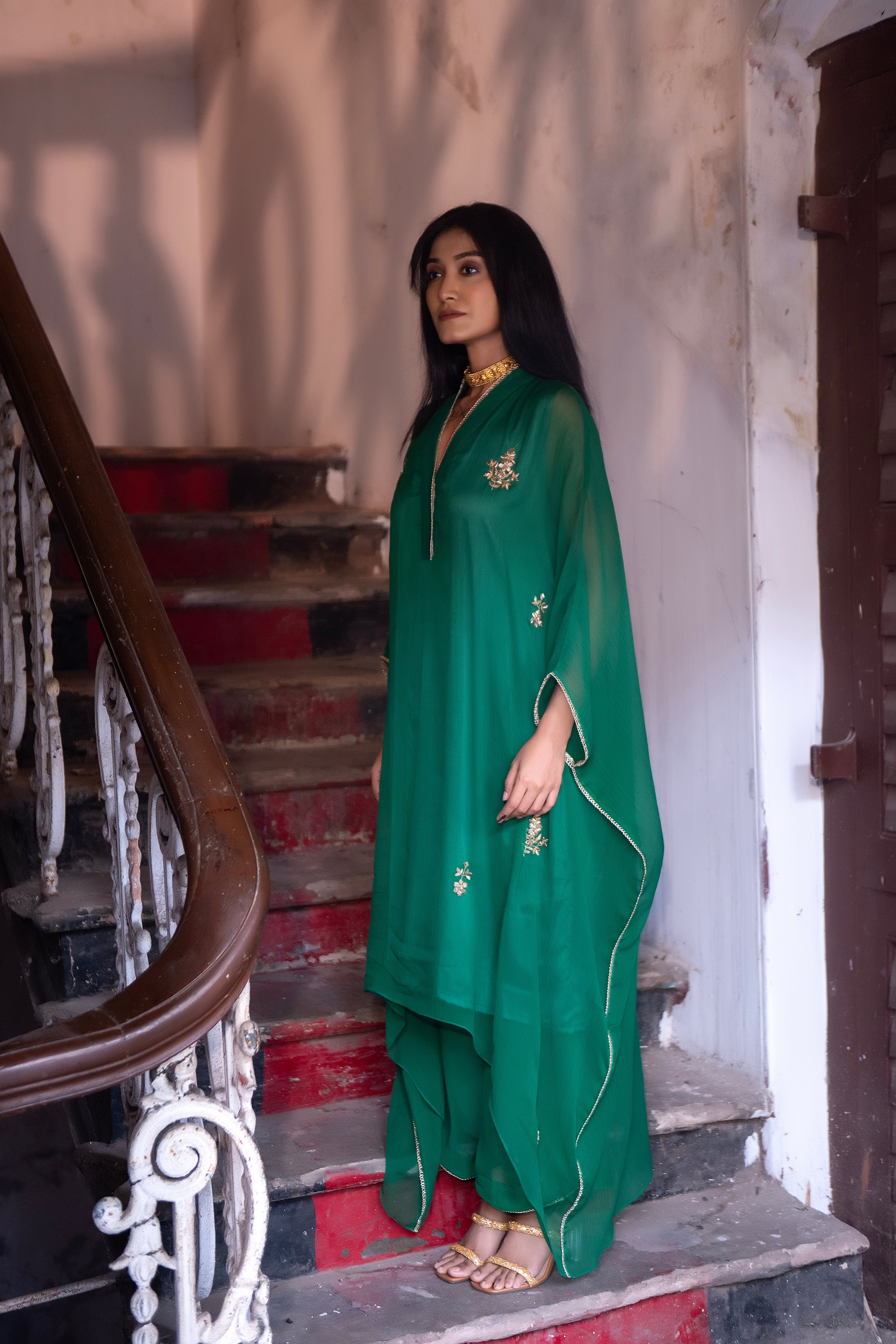 Chiffon Kaftan in Green with Green Pallazzo