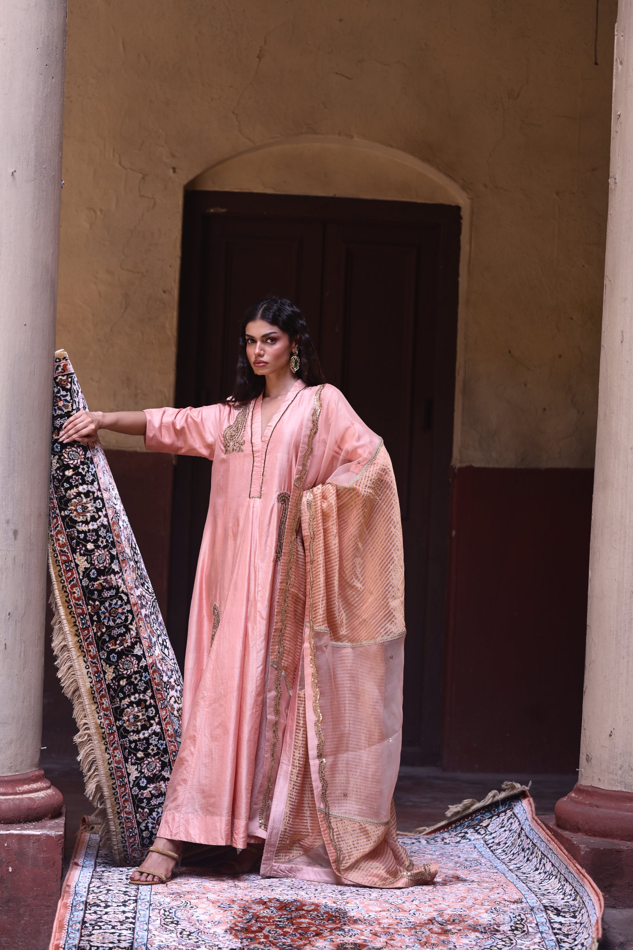 Jalsa Diagonal Dupatta in Pink Organza and Stripe Tissue