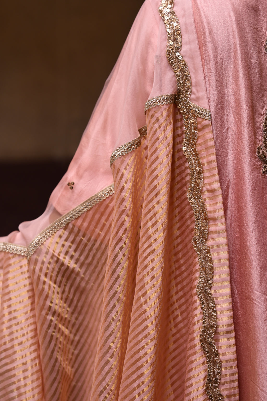 Jalsa Diagonal Dupatta in Pink Organza and Stripe Tissue