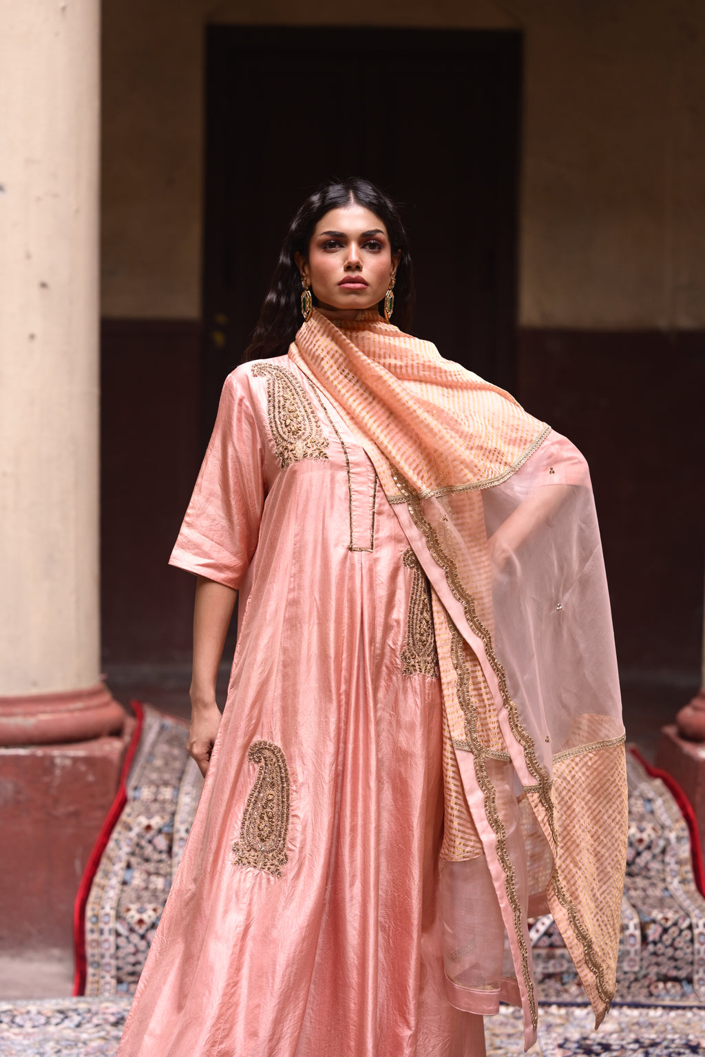 Jalsa Diagonal Dupatta in Pink Organza and Stripe Tissue