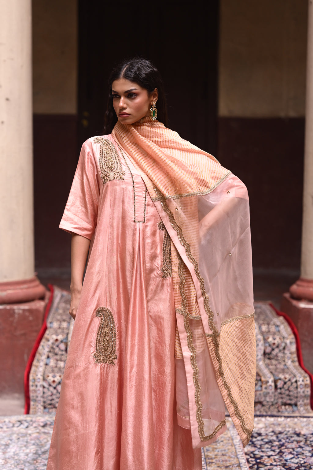 Jalsa Diagonal Dupatta in Pink Organza and Stripe Tissue