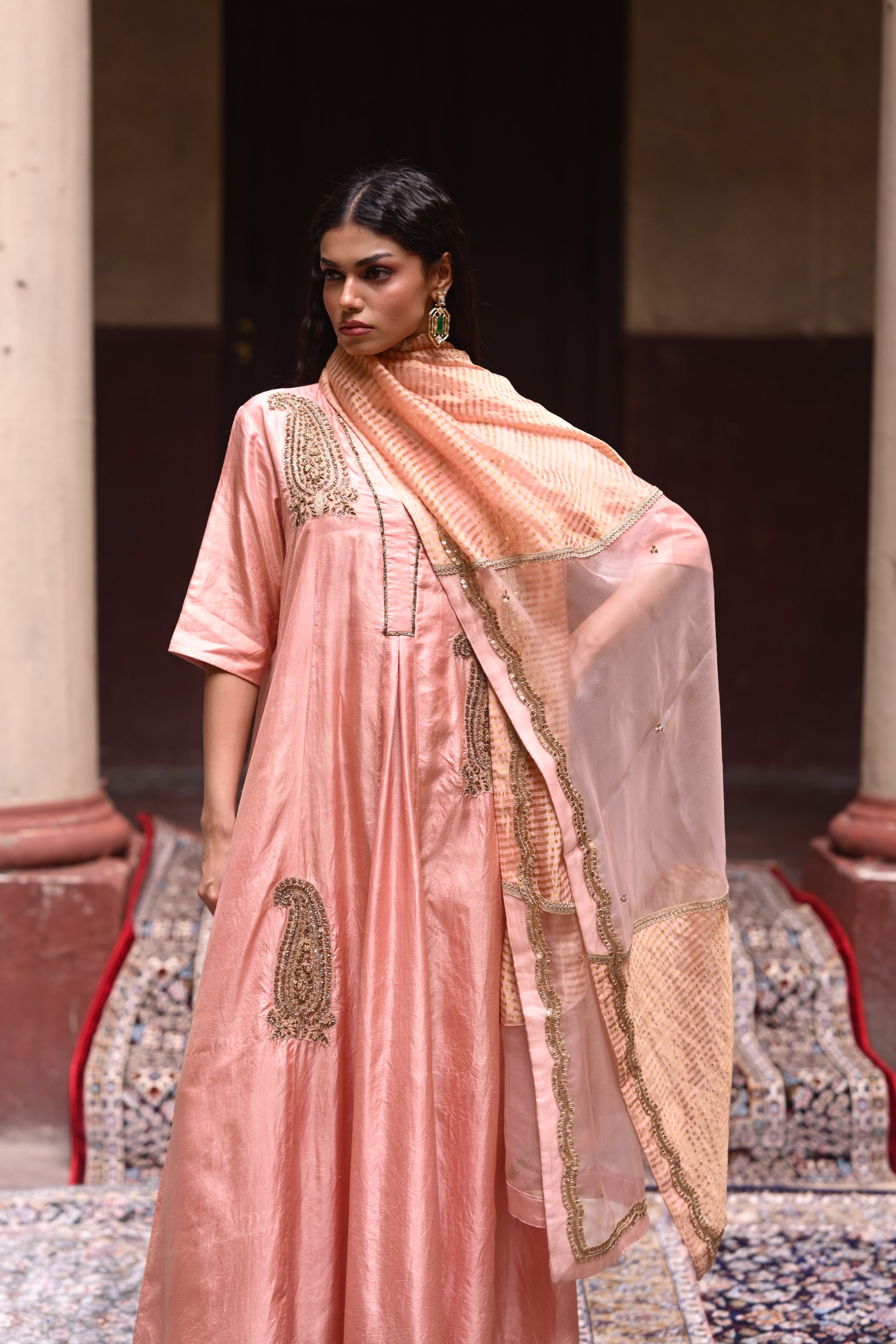 Jalsa Diagonal Dupatta in Pink Organza and Stripe Tissue