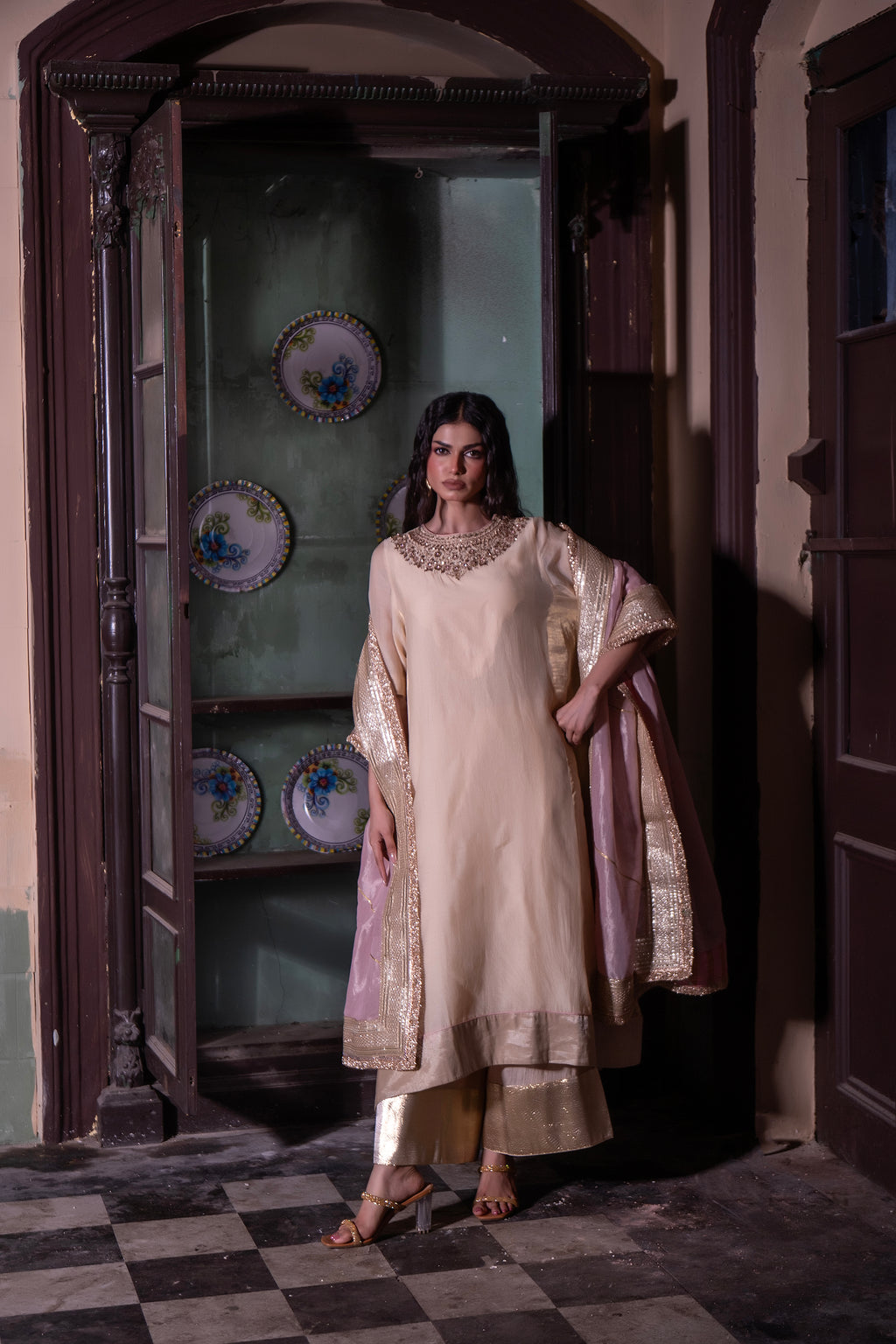Mehr kurta in Ivory Chanderi with Ivory Farshi