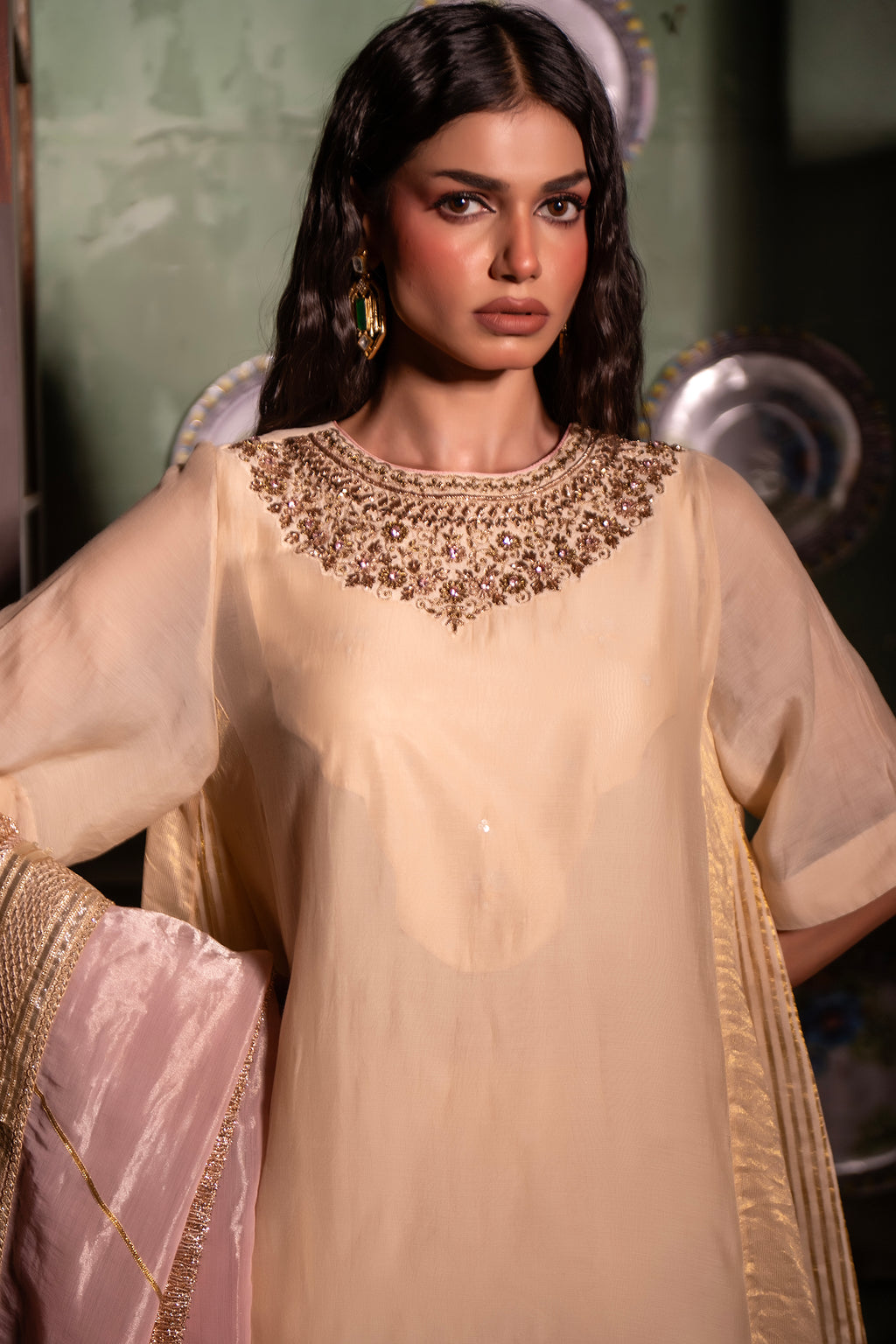 Mehr kurta in Ivory Chanderi with Ivory Farshi