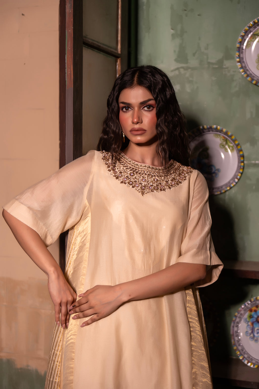 Mehr kurta in Ivory Chanderi with Ivory Farshi