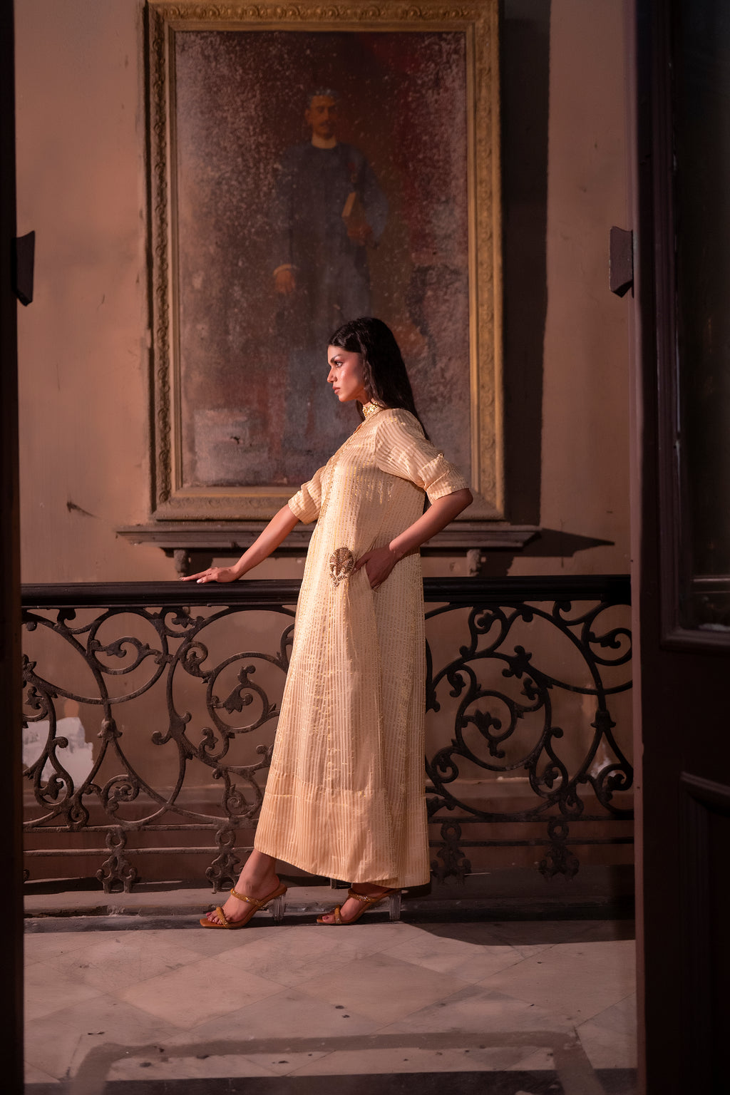 Shaheen Anarkali in Ivory Stripe Tissue