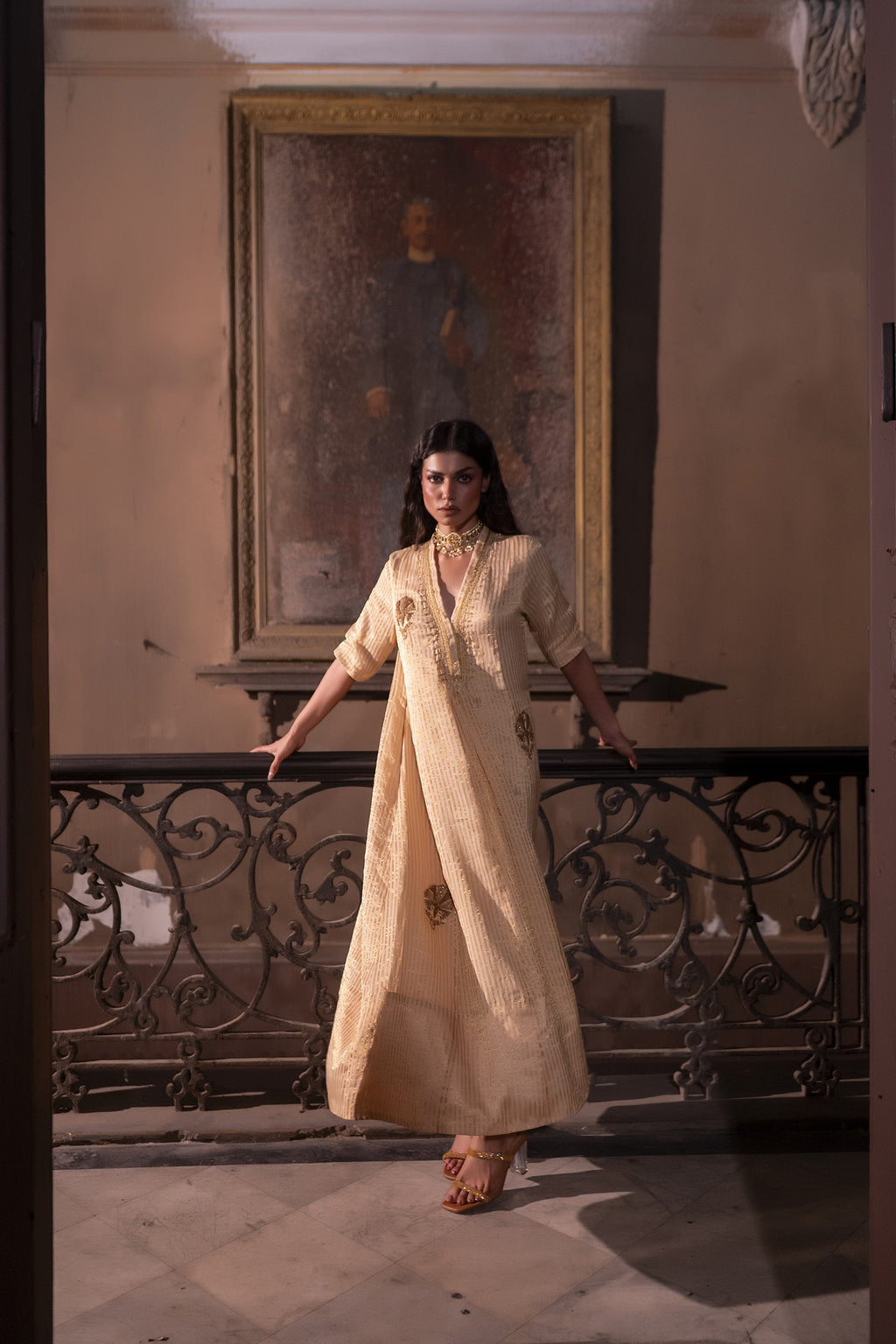 Shaheen Anarkali in Ivory Stripe Tissue