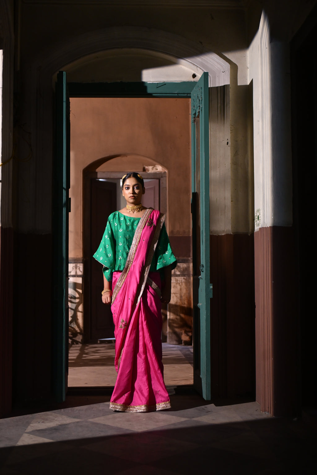 Chandphool Kaftan Top in Green Brocade