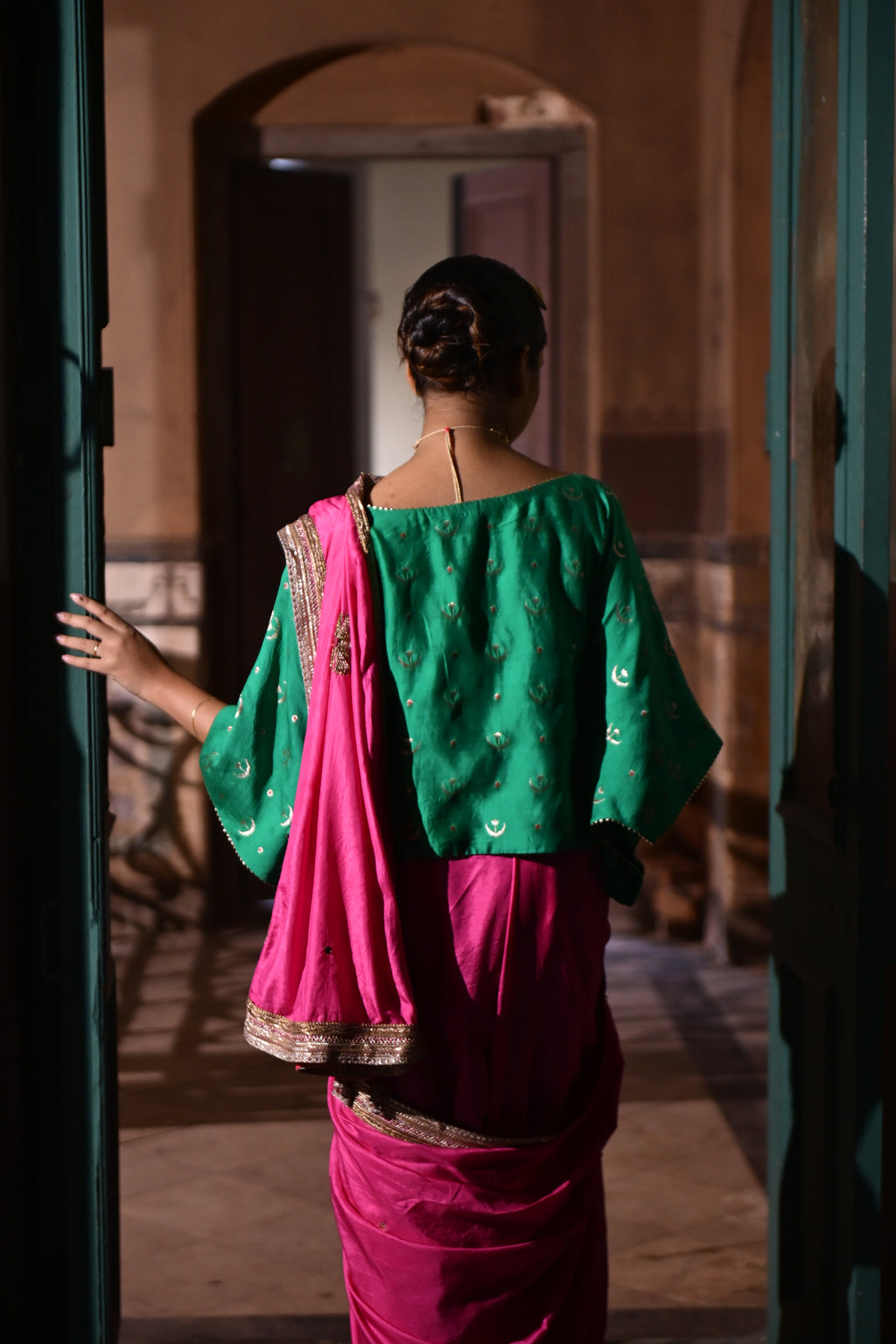 Chandphool Kaftan Top in Green Brocade
