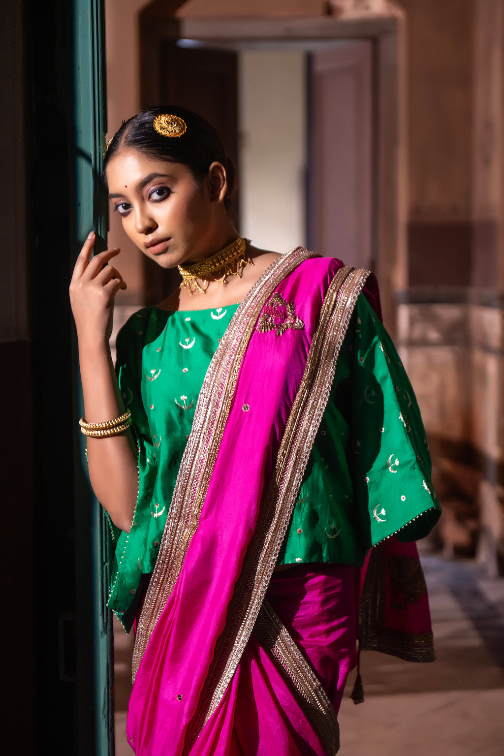 Mughal Saree in Hot Pink Silk