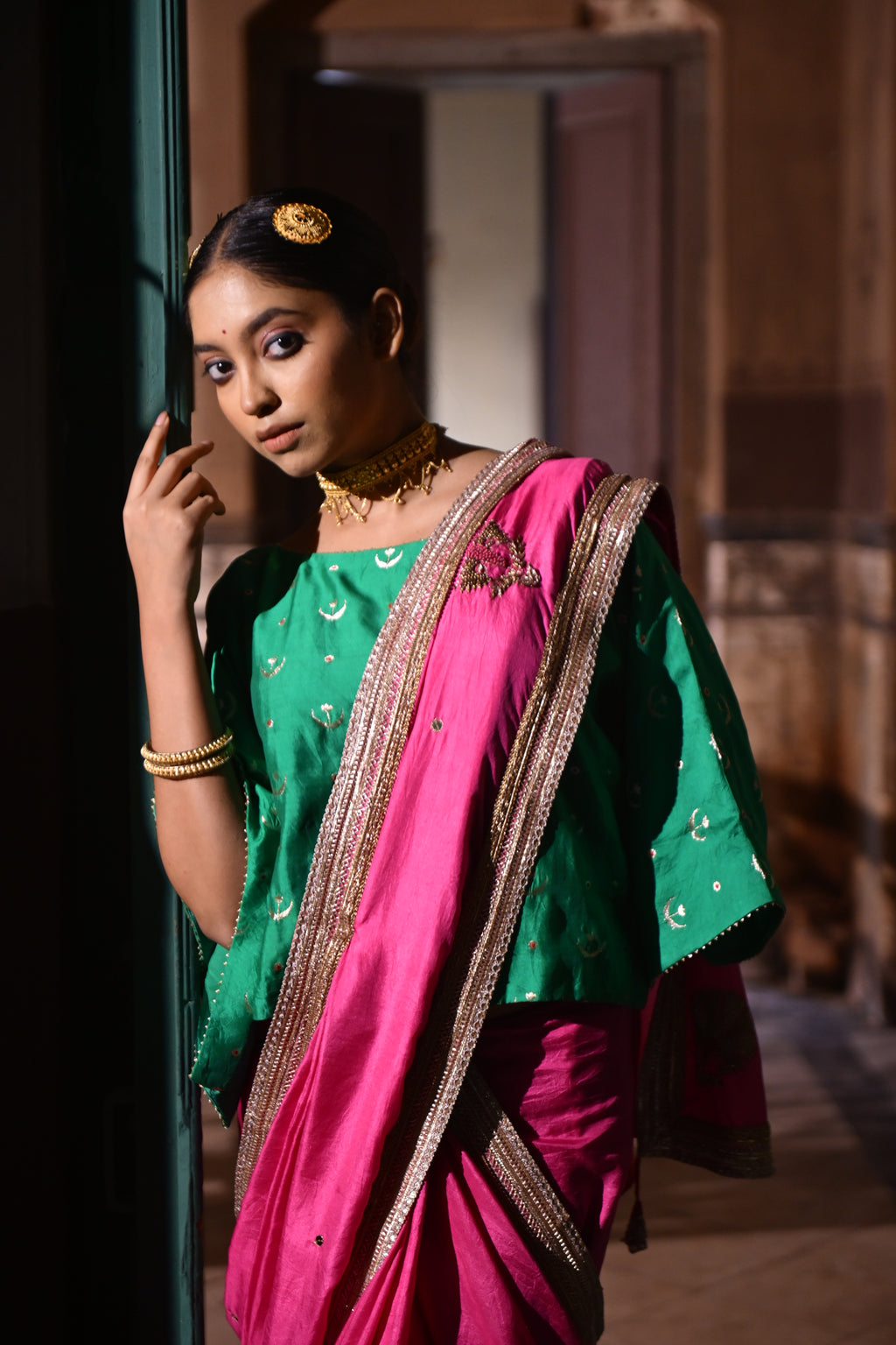 Chandphool Kaftan Top in Green Brocade
