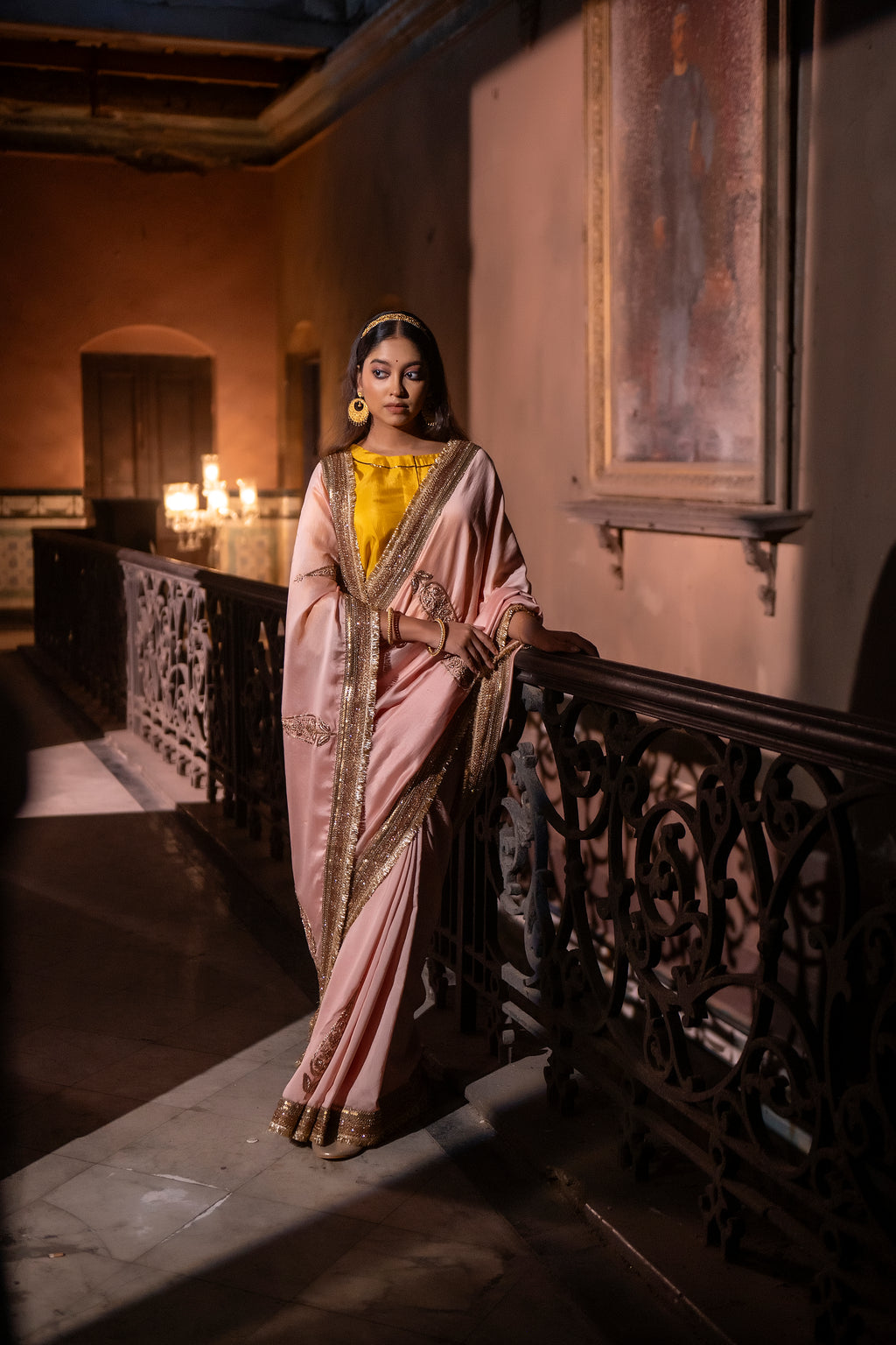 Turkish Ashoka saree in Ash pink Chanderi