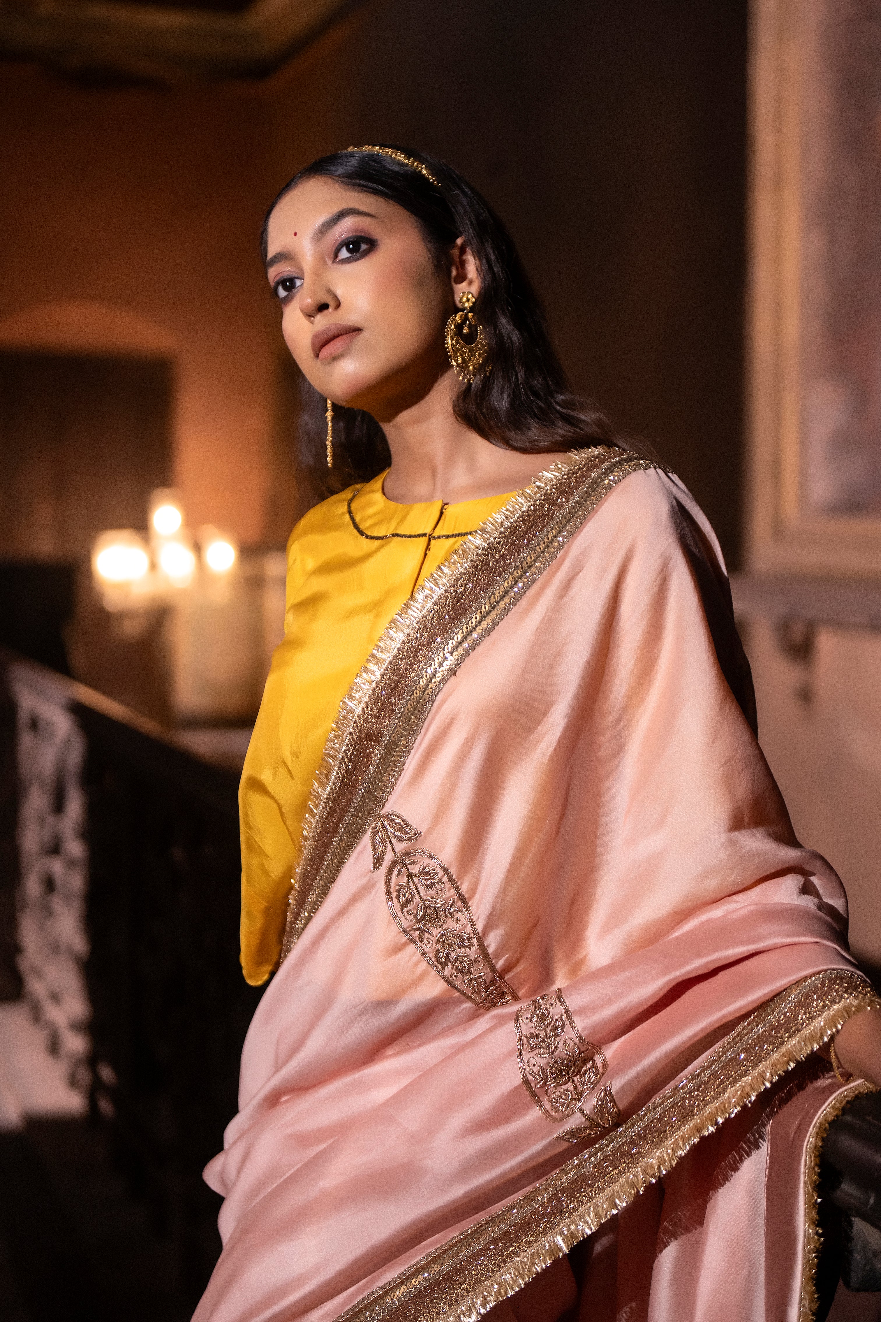 Turkish Ashoka saree in Ash pink Chanderi