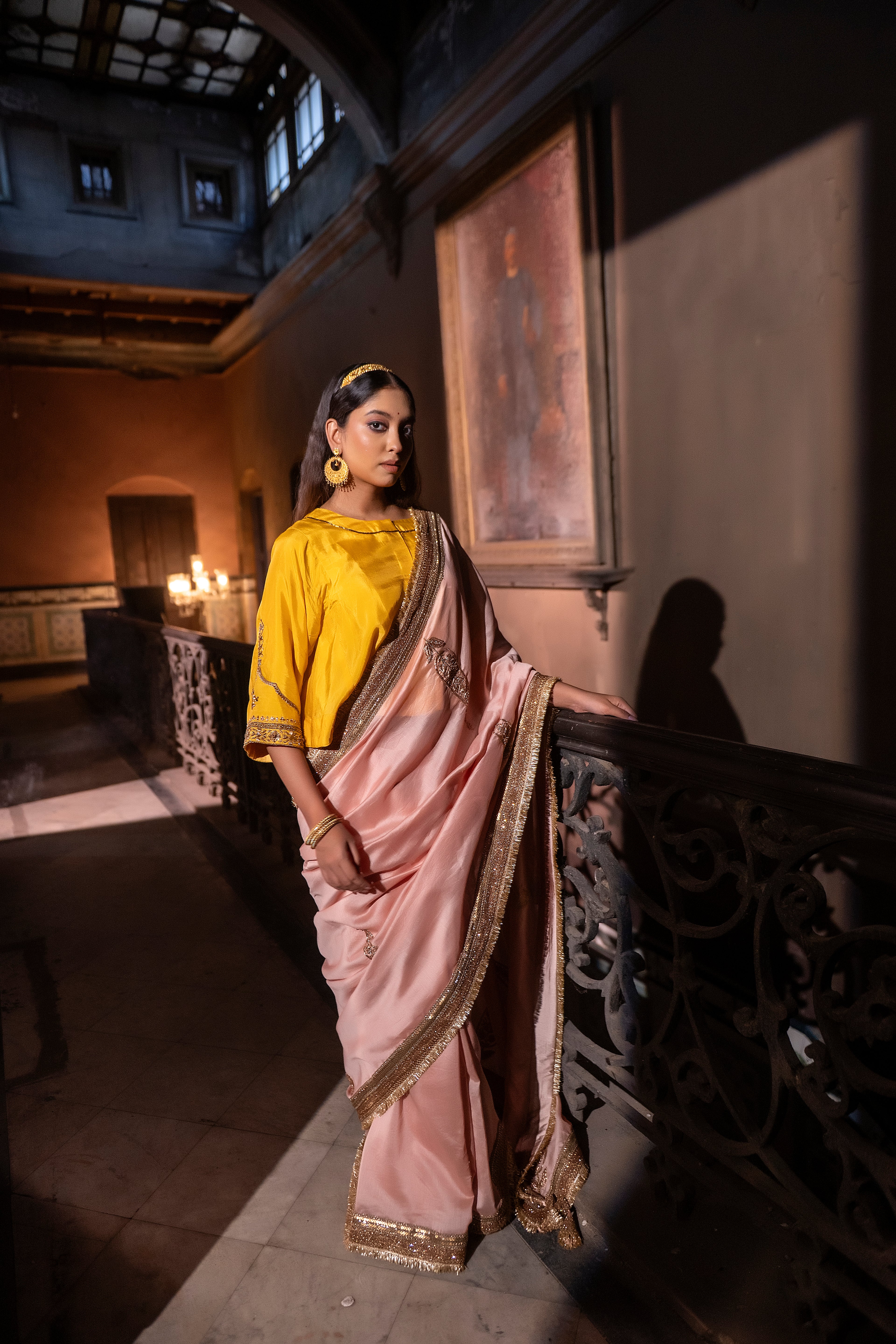 Turkish Ashoka saree in Ash pink Chanderi